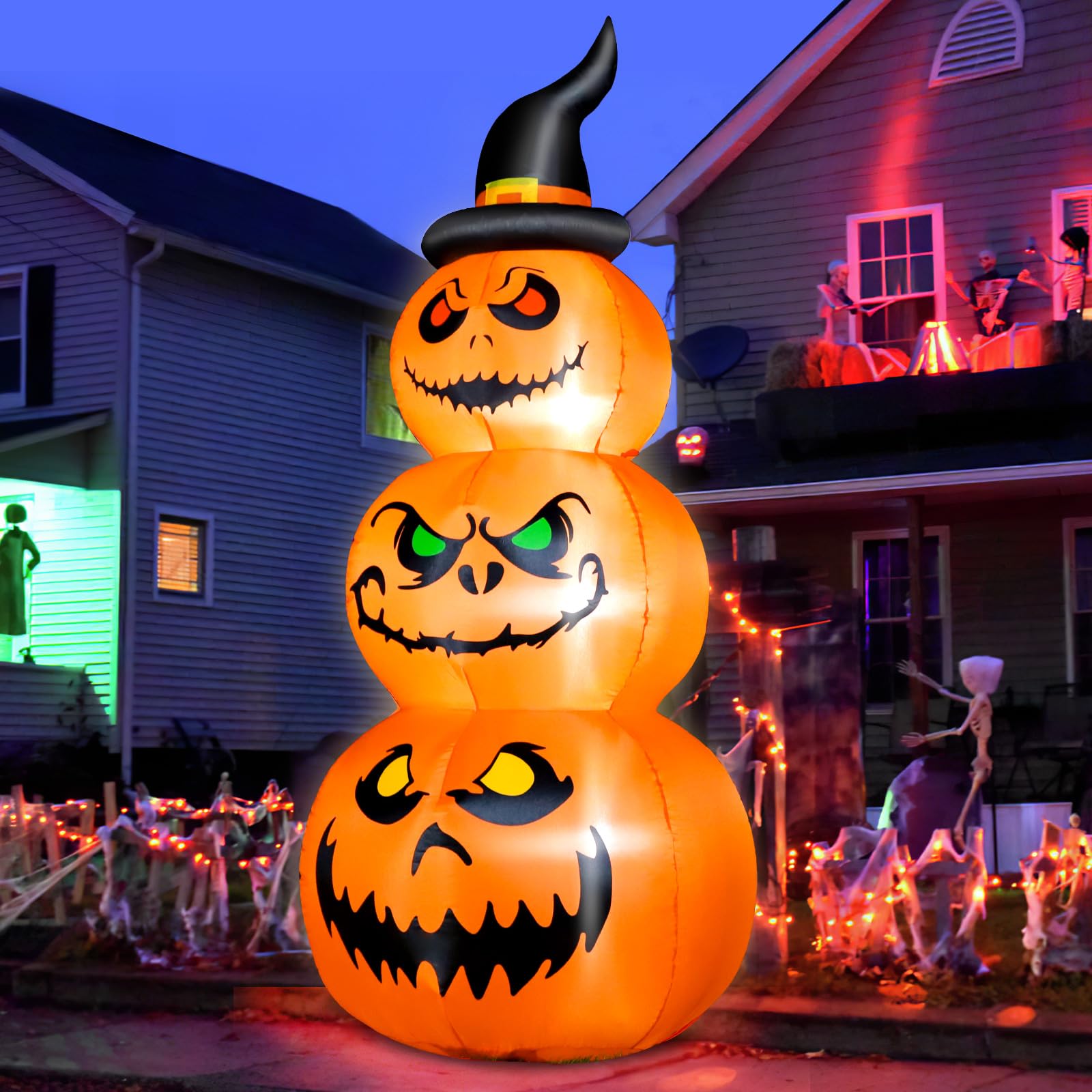 FunFanso 6FT Halloween Inflatable Pumpkins Outdoor Yard Decorations, Blow up Pumpkins with Witchs Hat and Bright LED Lights, Spo