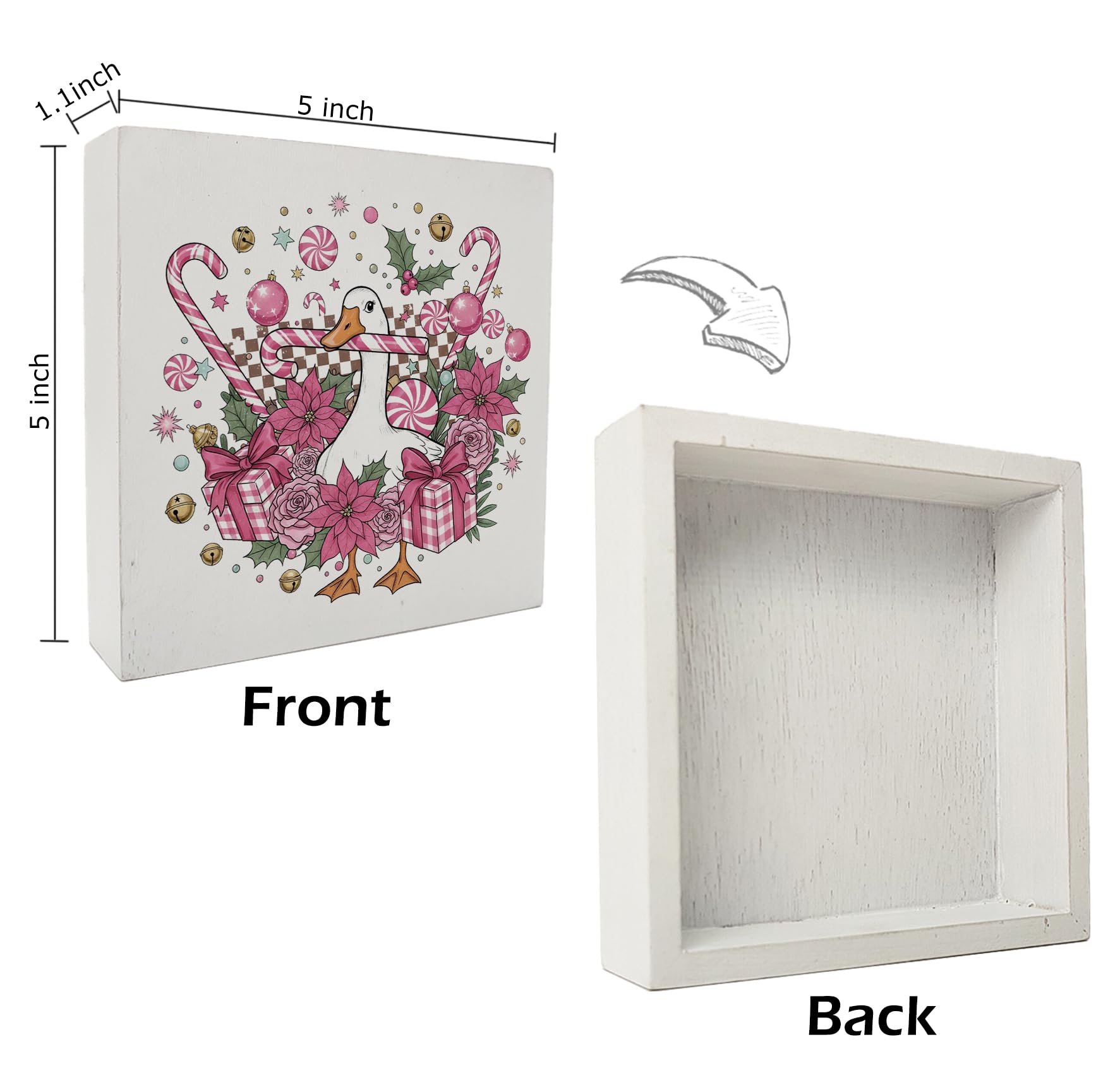 kunlisa Coquette Pink Floral Christmas Goose Wooden Sign, Preppy Girly Christmas, Groovy Retro Pink Xmas Goose Wood Box Sign for