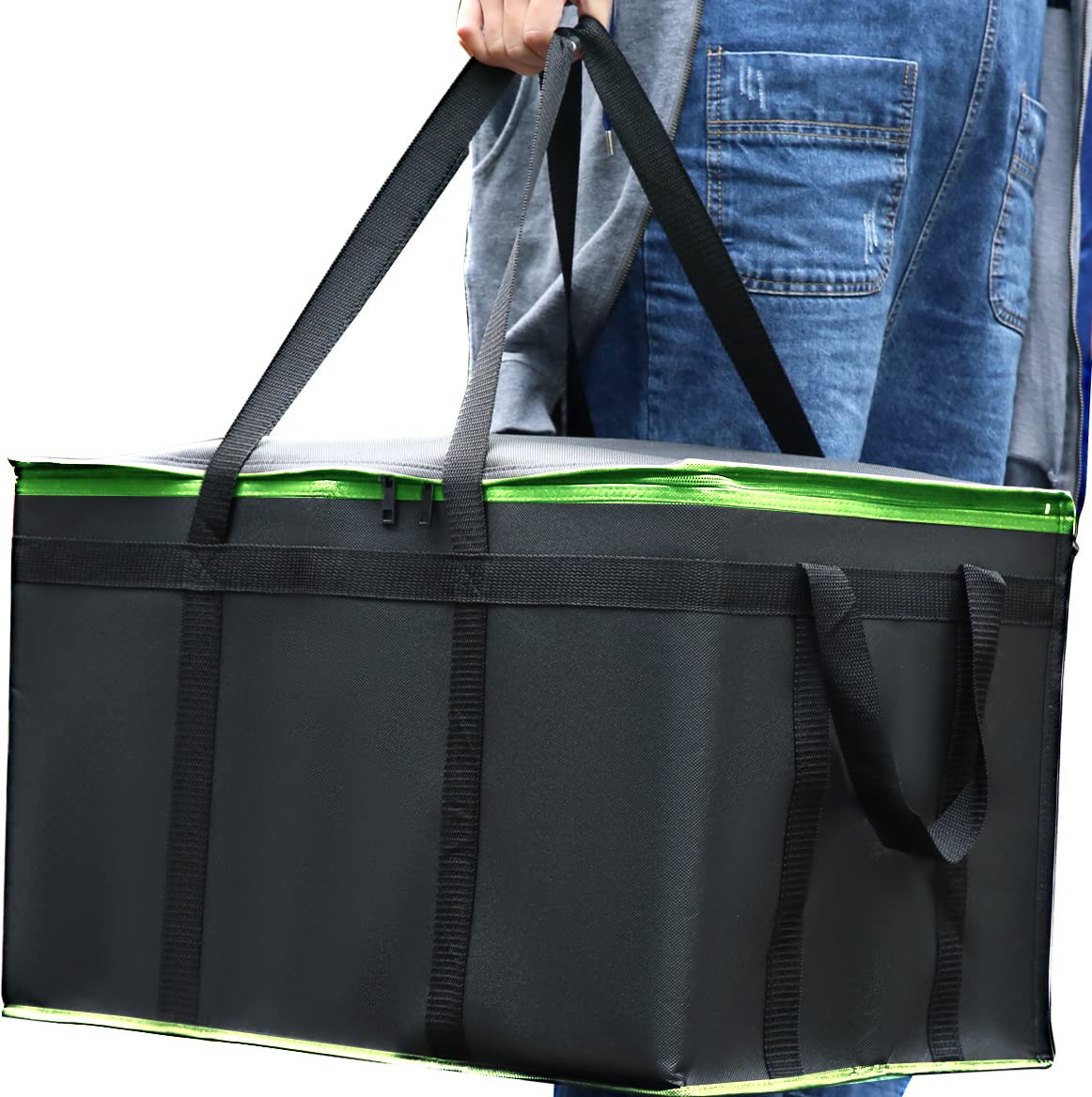 2 Pack Xxxl-Large Insulated Grocery Shopping Bags, Green, Reusable Bag,Thermal Zipper,Collapsible,Tote,Cooler,Food Transport Hot