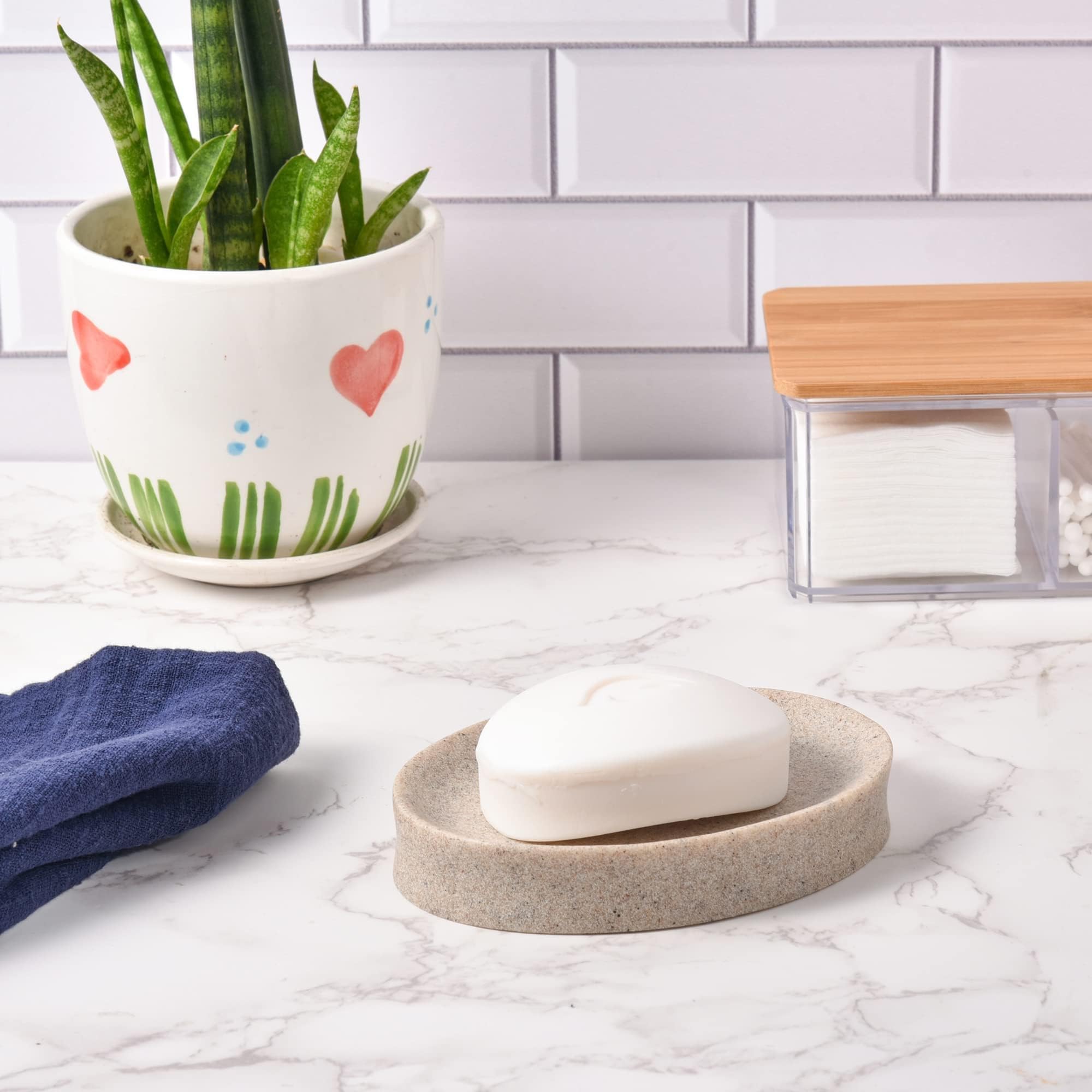 Imeea Soap Dish Resin Soap Tray Soap Holder Sponge Hand Soap Dish Holder For Bathroom Shower Kitchen Sink Counter (Beige)