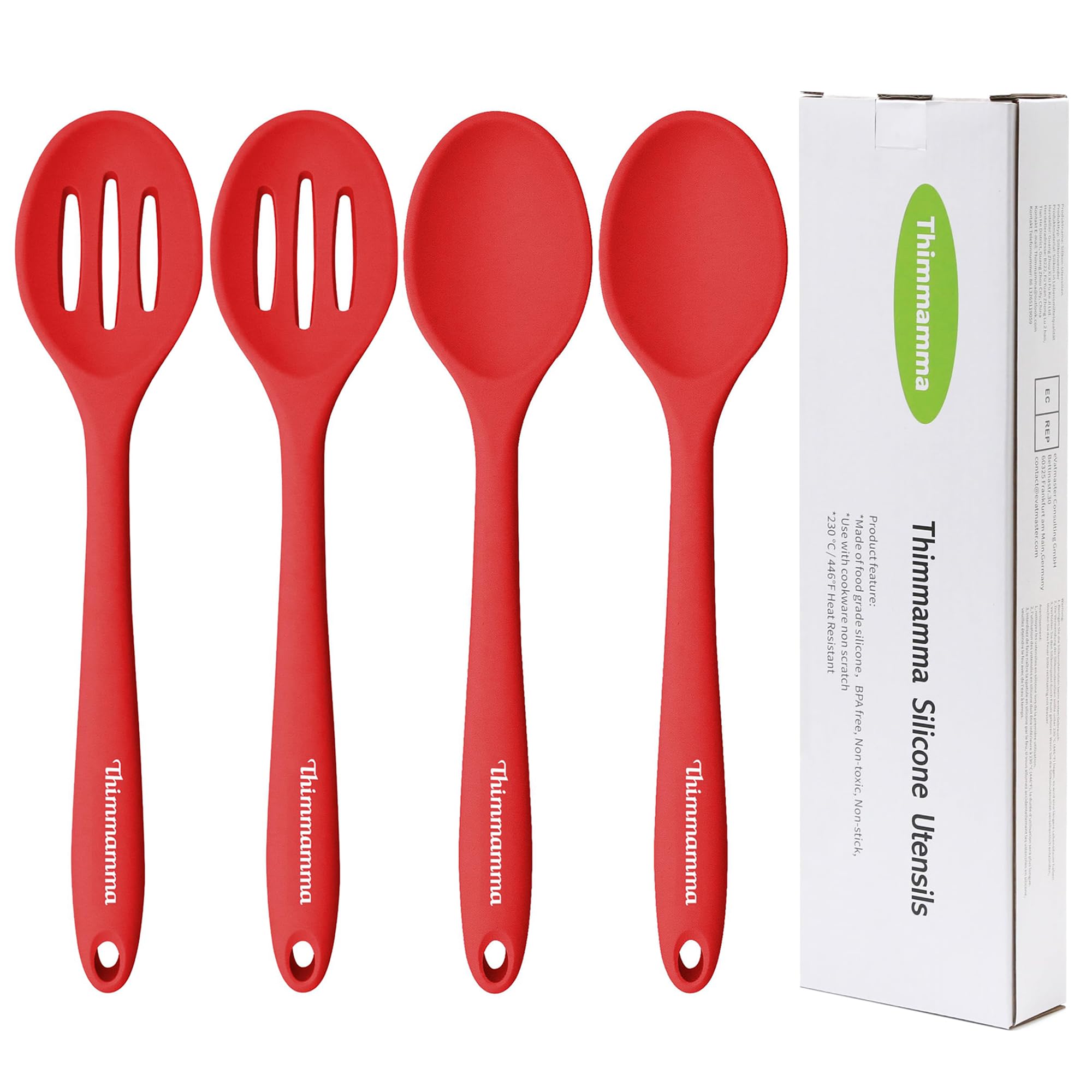 Silicone Spoons for Cooking, Heat Resistant Slotted Solid Silicone Kitchen Spoons Set, Red BPA Free Mixing Spoons Basting Spoon 