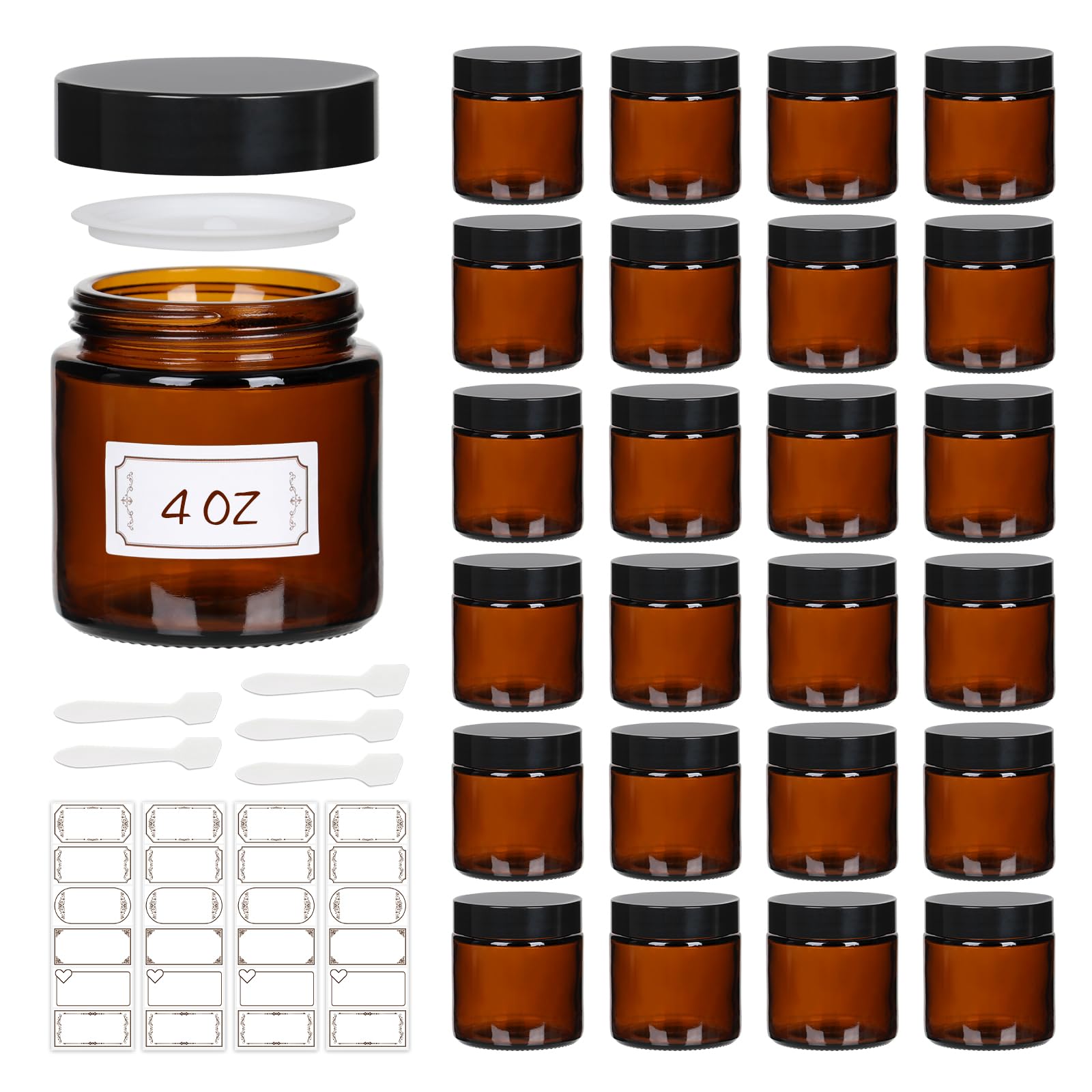 24 Pack 4 Oz Glass Jars With Lids, Amber Cosmetic Jars With Inner Liners And Black Lids, Lotion Jars, Candle Making Jars For Lot
