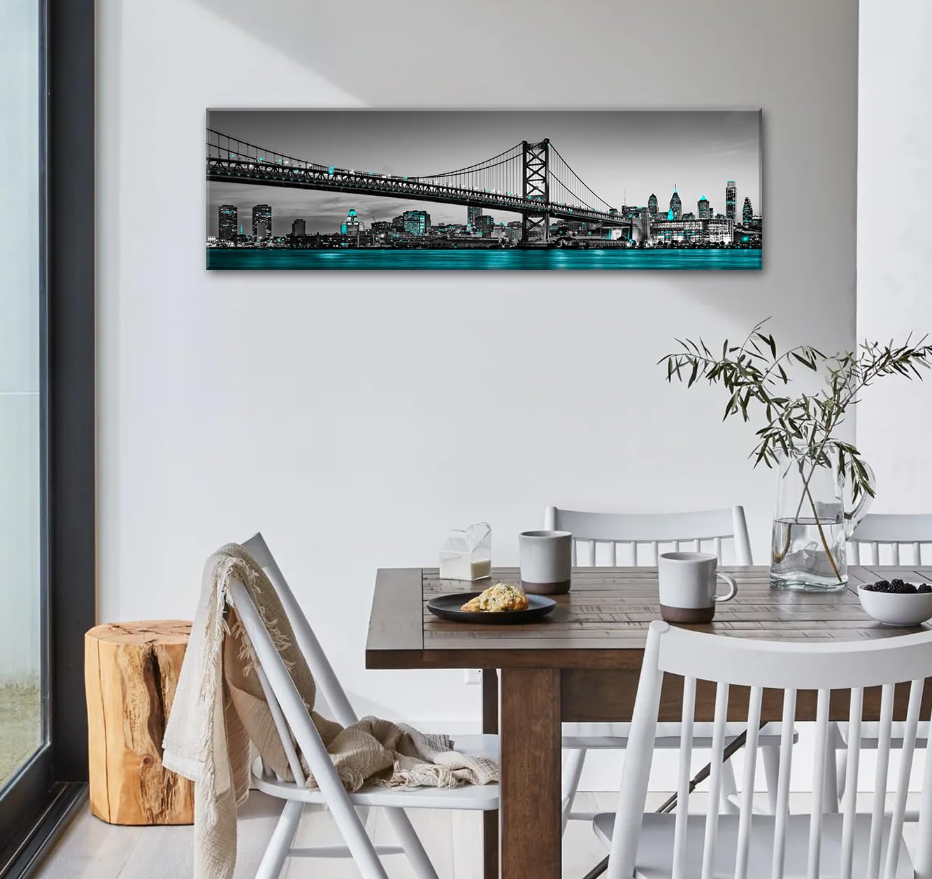 JiazuGo Philadelphia Skyline City Canvas Wall Art Decor 14''x48'' Black and White Aqua Green Teal Panorama Cityscape Pictures Artwork Painting Poster for Bedroom Office Decoration Stretch Framed