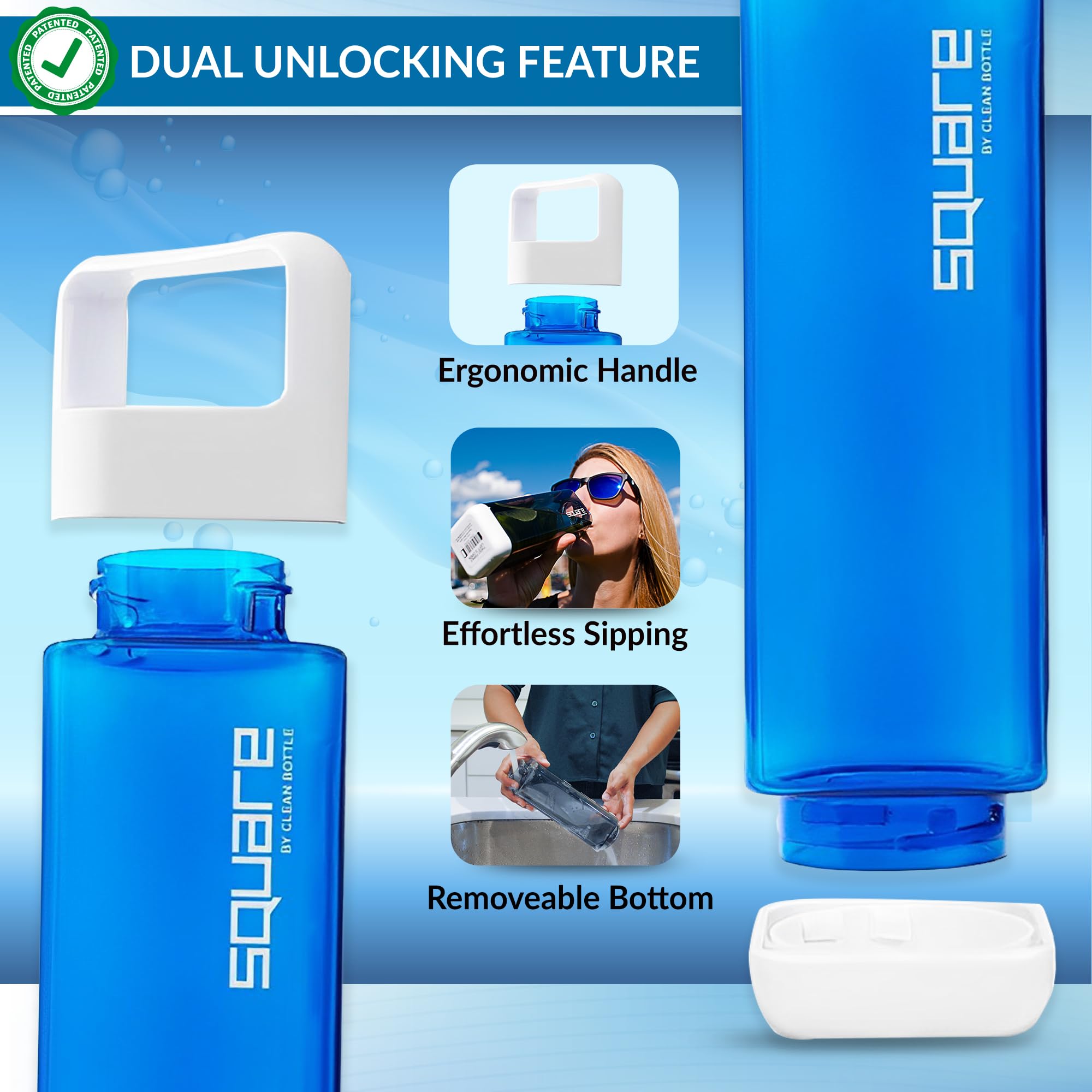 Clean Bottle Square Water Bottle 25oz BPA-Free Tritan Blue PSQ-001 for Travel with Leak Proof Carabiner Lid