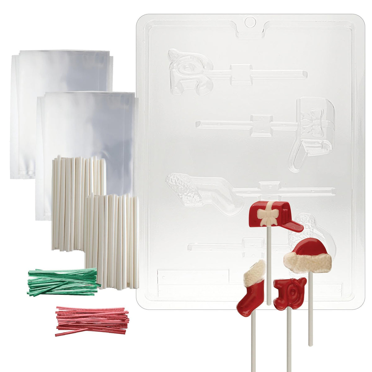 Cybrtrayd Assorted Christmas Lollies Christmas Chocolate Mold With Lollipop Kit, Includes 50 Lollipop Sticks, 50 Cello Bags, 25