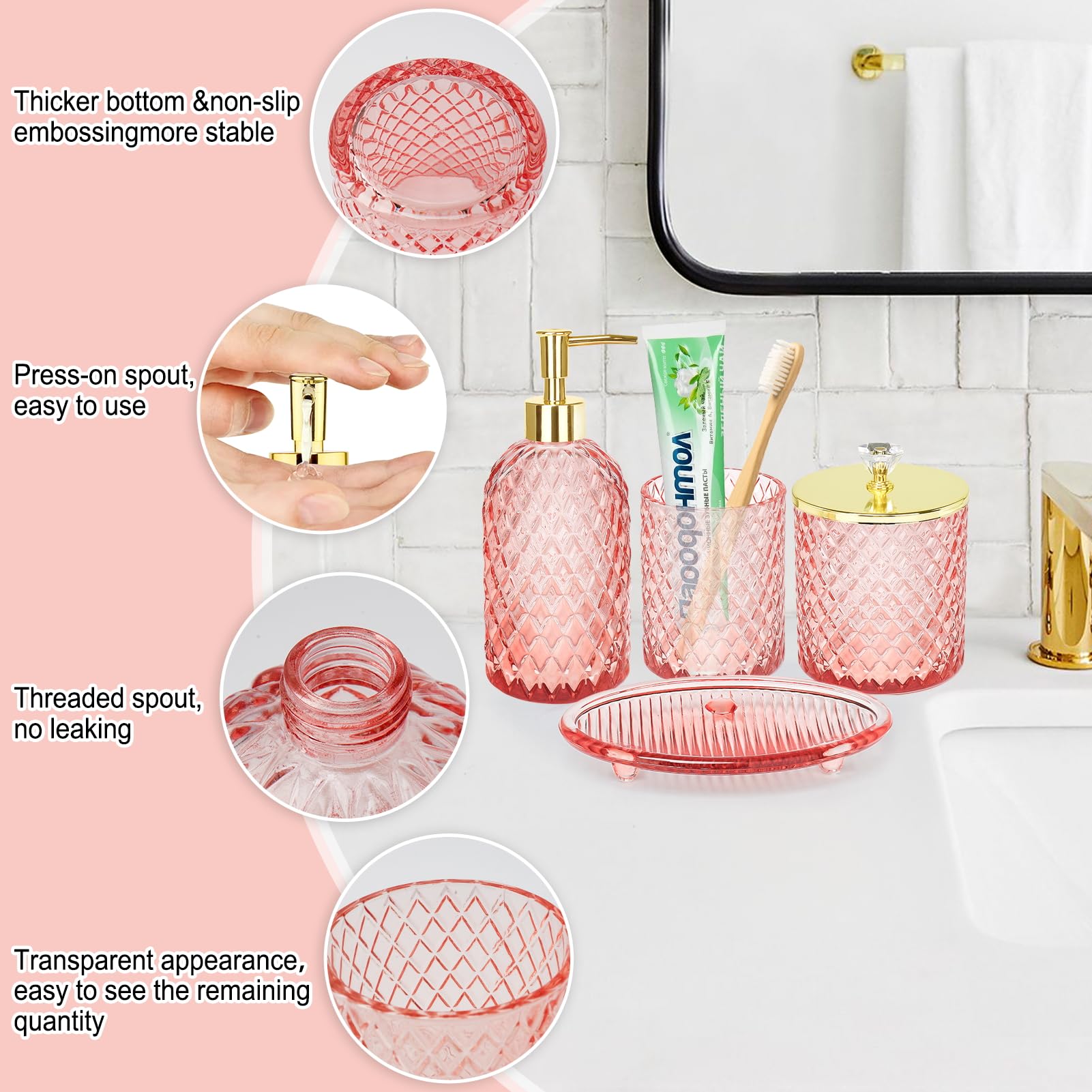 Haturi Pink Bathroom Accessories Set, 4 Pcs Glass Bathroom Accessory Set Complete W/Soap Dispenser, Toothbrush Holder, Qtip Hold