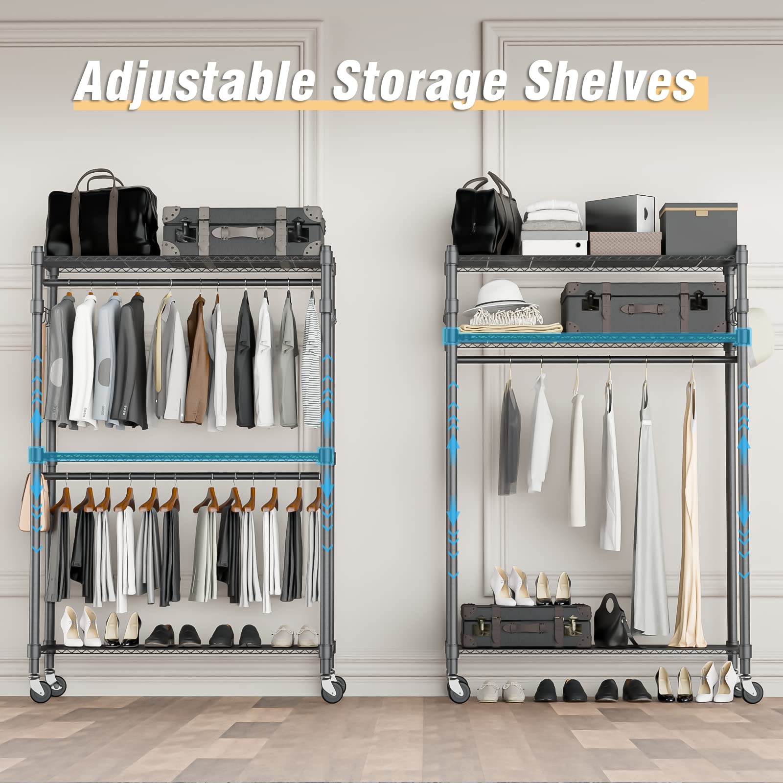 Homdox 3 Shelves Wire Shelving Clothing Rolling Rack Heavy Duty Commercial Grade Garment Rack With Wheels And Side Hooks (One Pa