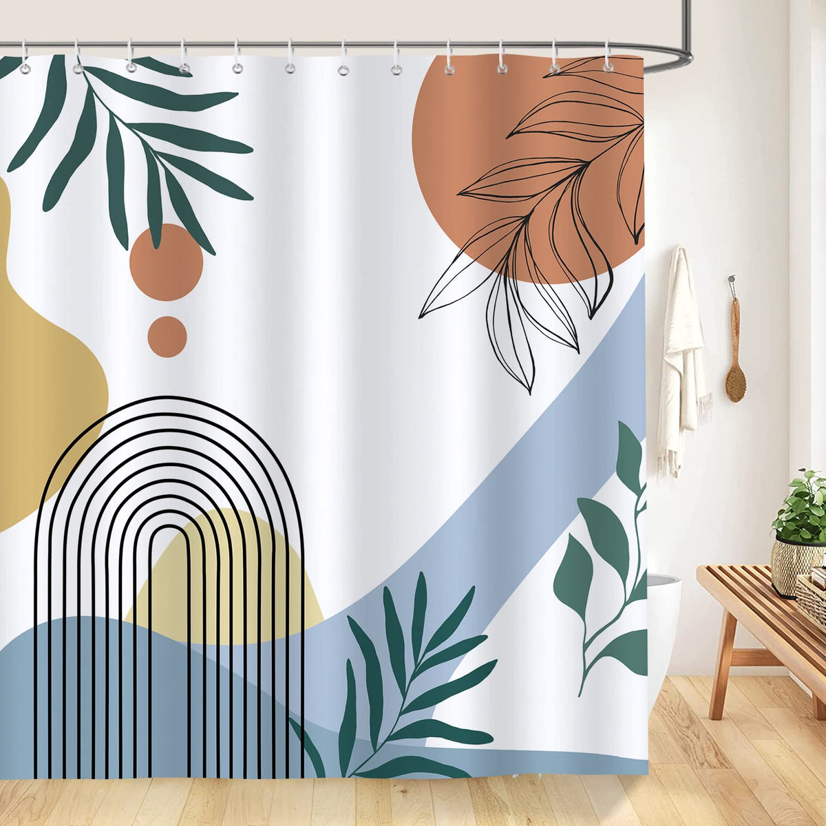 Bonhause Boho Mid Century Shower Curtain Arch Sun Leaves Modern Minimalistic Decorative Bath Curtain 72 X 72 Inch Polyester Fabr