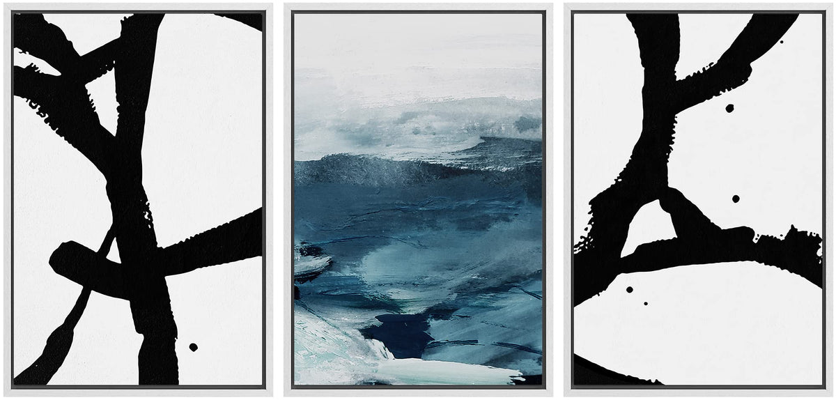 Signwin Framed Canvas Print Wall Art Abstract Paint Strokes With Blue Mountain Landscape Abstract Nature Mixed Media Modern Art
