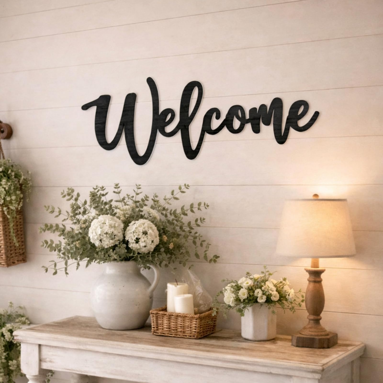 Jetec Wood Cutout Welcome Sign Welcome Wall Decor Word Wood Art Sign for Front Door Rustic Home Gallery Wall Decorations 15.7 x 