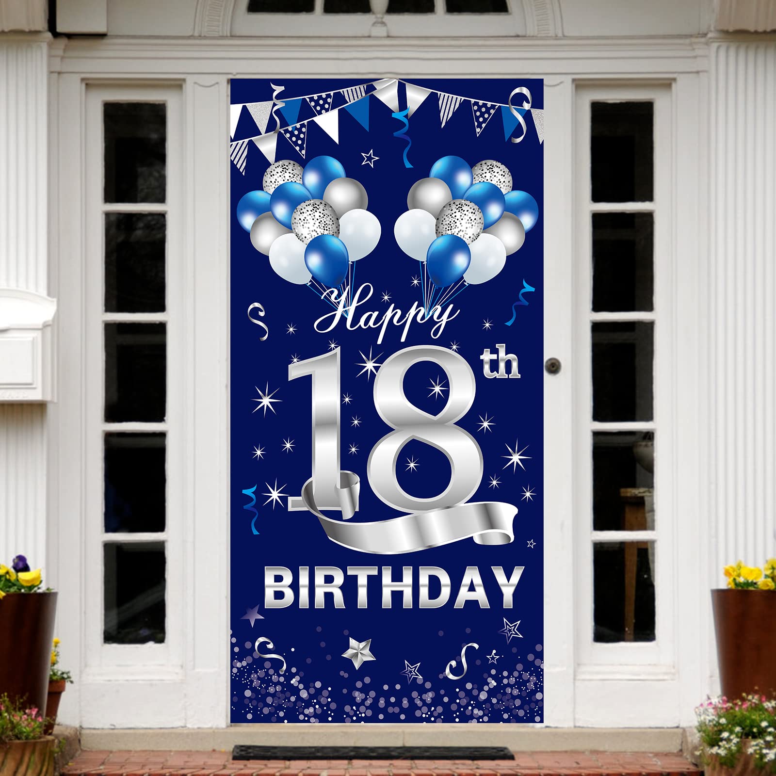 Turypaty Blue Silver 18Th Birthday Door Banner Decorations, Happy 18 Birthday Door Cover Sign Party Supplies For Boys, Sweet 18
