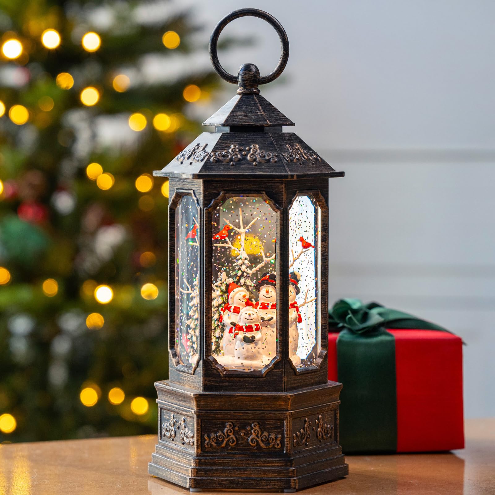 Christmas Snowman Choir Snow Globe Lantern with Swirling Glitter, USB Lined/Battery Operated Lighted Musical Snowman Carolers Wa