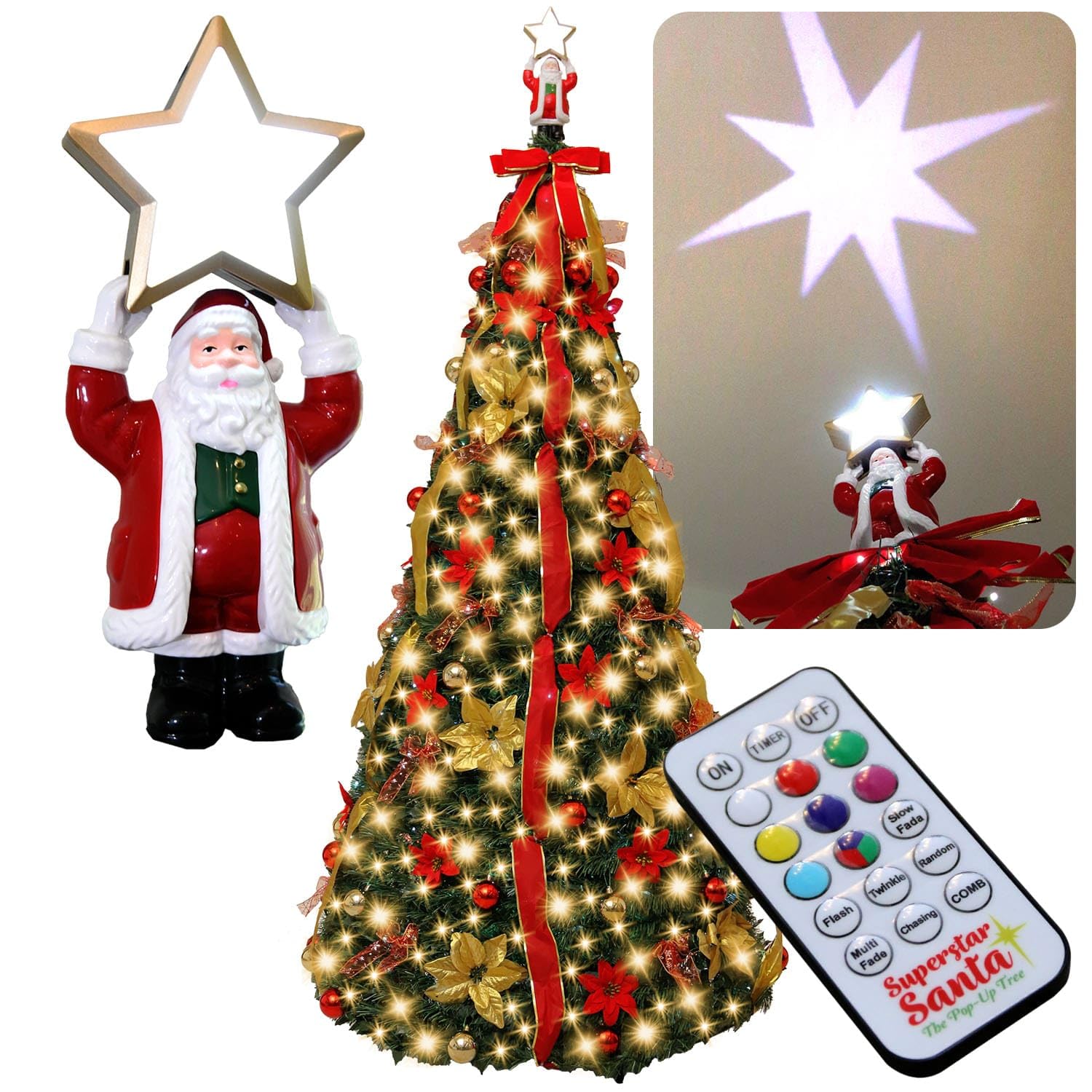 Superstar Santa Pop-Up Signature Series Christmas Tree, 7FT, Pre-Lit w/300 LED Lights, AS SEEN ON TV, Santa Topper Projects Nort