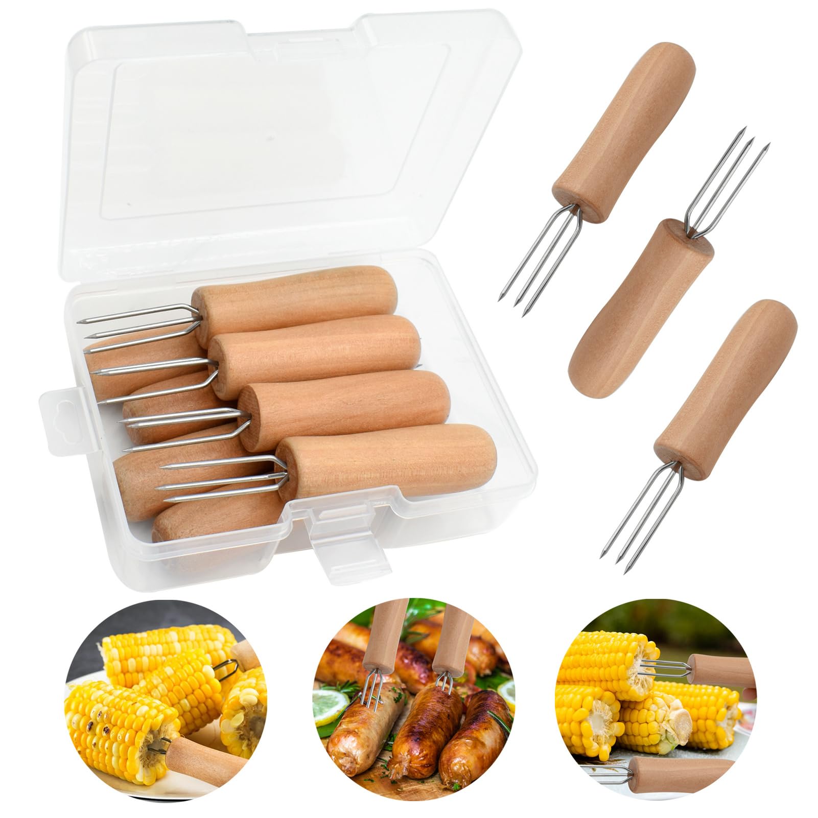 Corn On The Cob Holders, 8 Pack Stainless Steel Corn Cob Holders With Wooden Handle, Peouwnes Corn Holders, Corn On The Grill, C