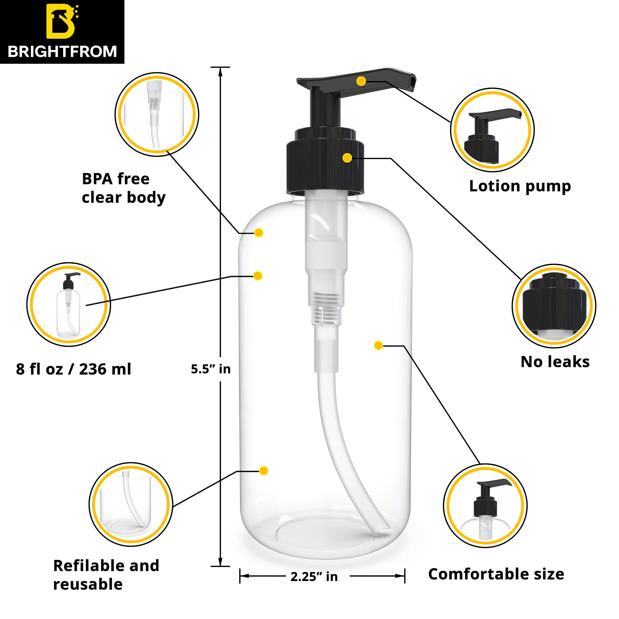 Brightfrom Empty Lotion Pump Bottles 8 Oz, Refillable Plastic Containers, Bpa-Free Pete1, Clear, Great For - Soap, Shampoo, Loti