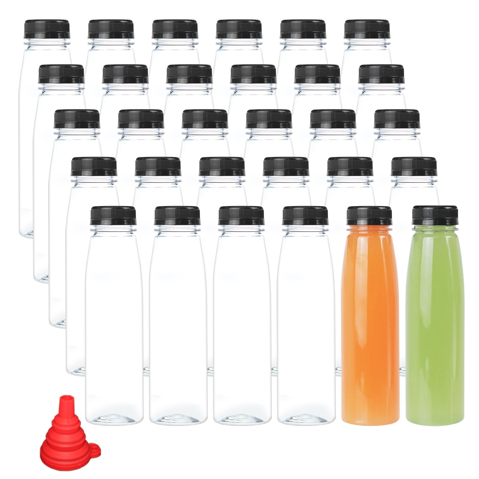 BPFY 30 Pack 10 oz Empty Plastic Juice Bottles with Caps Reusable Clear Beverage Containers with Black Tamper Evident Lids, Funn