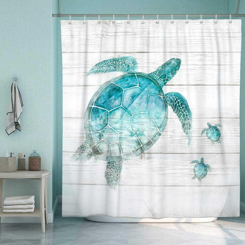 Sumgar Blue Ocean Shower Curtain For Bathroom Coastal Beach Decoration Teal Sea Turtle Curtain Set With Hooks, 72 X 72 Inch