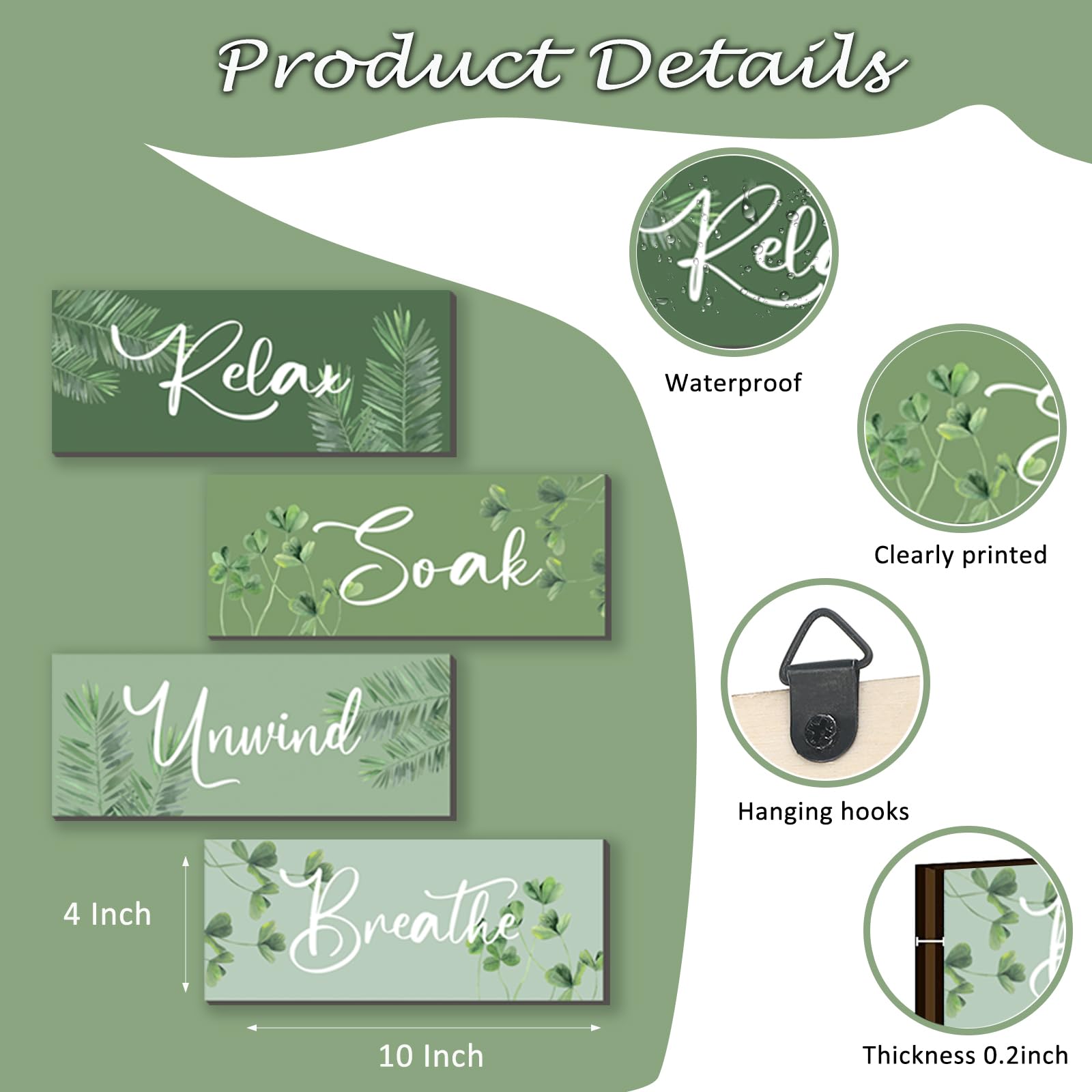 ONIZHITY 4 Pcs Sage Green Bathroom Wall Decors Relax Soak Unwind Breathe Wooden Word Sign Rustic Sage Bathroom Accessories For B