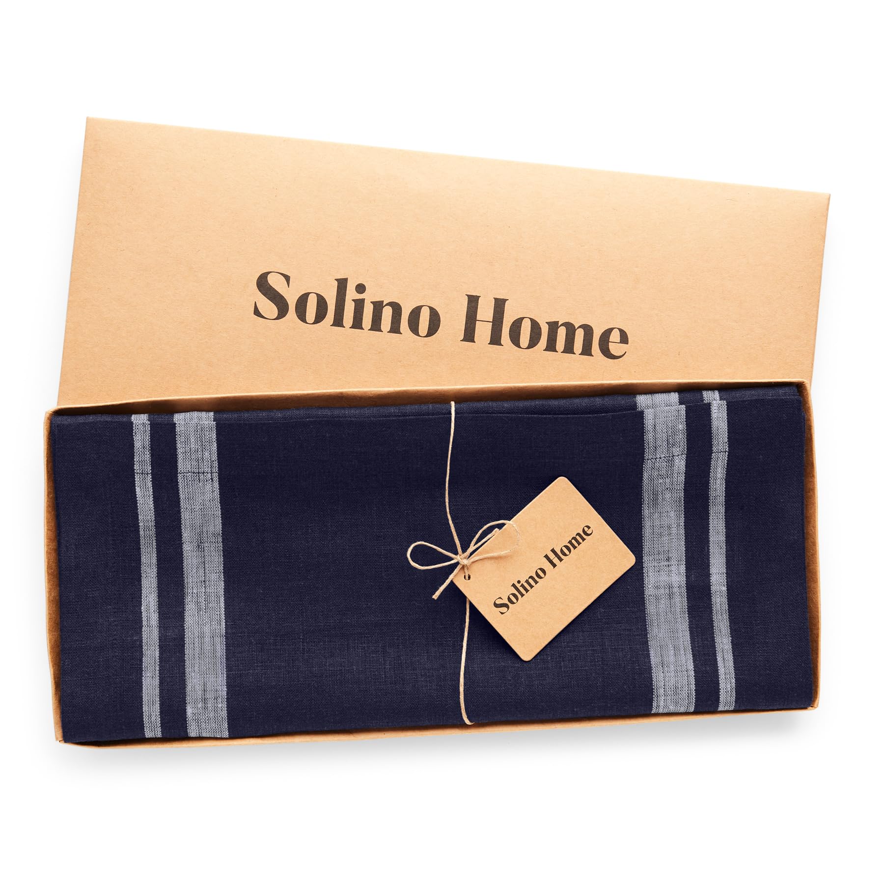 Solino Home Stripe Linen Table Runner 90 Inches Long - 100% Pure Linen White And Navy Dining Table Runner 14 X 90 Inch Ideal For