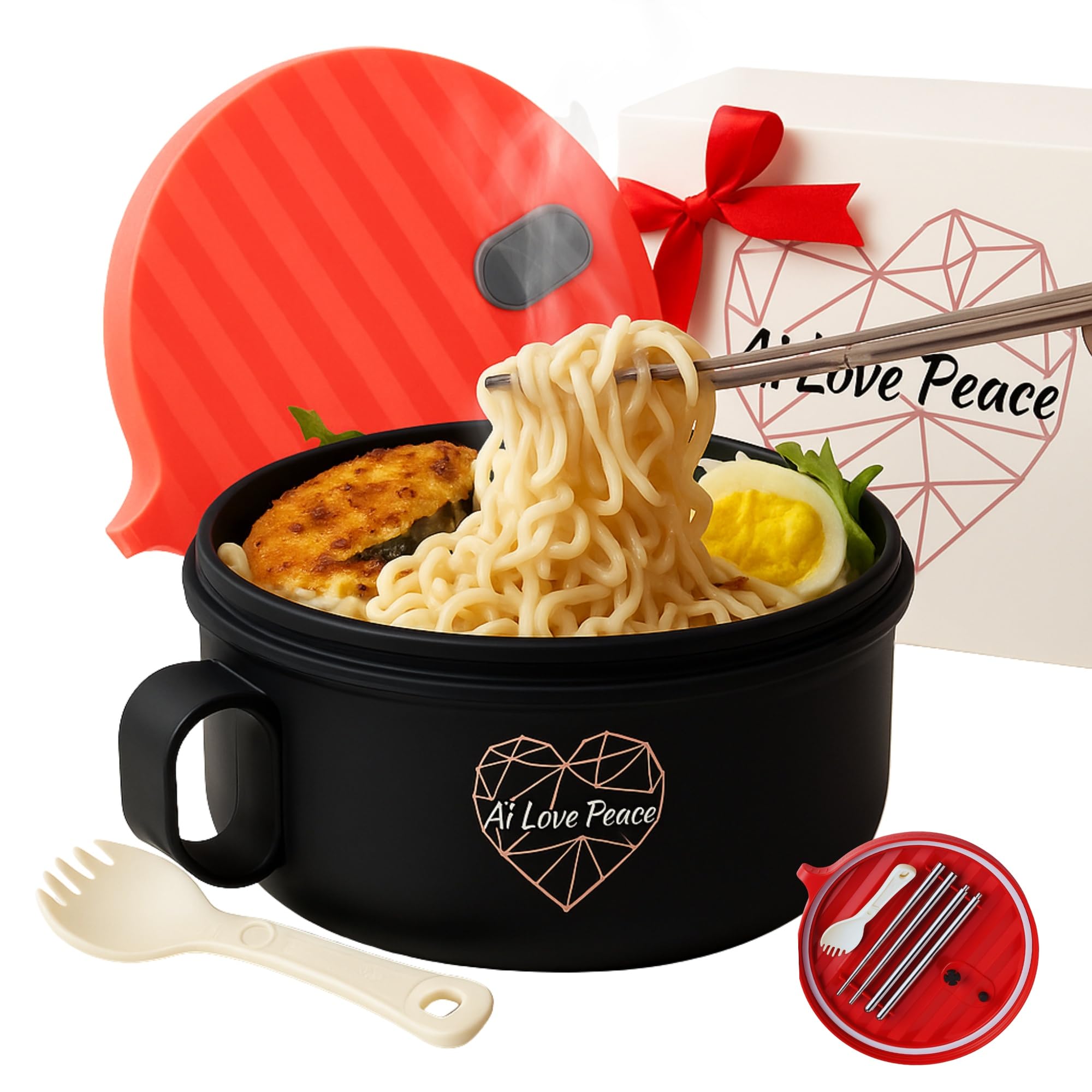 AI LOVE PEACE Ramen Bowls, 40 oz Large Microwavable Noodle Bowls (2 Red) with Wooden Utensils, Chopsticks, and Utensil Bag, Port