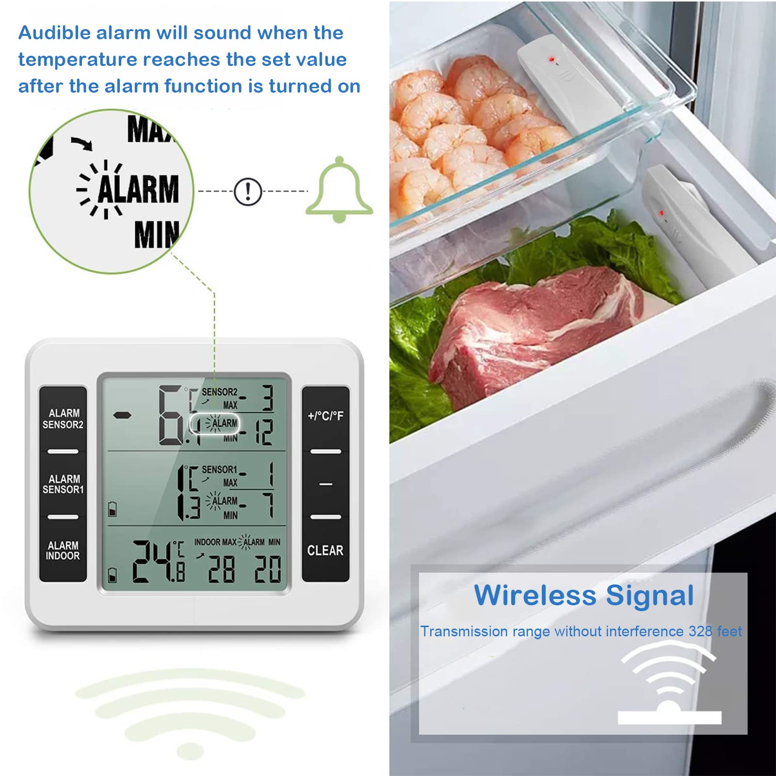 Refrigerator Thermometer, Wireless Digital Fridge Freezer Thermometer With Audible Alarm, Max/Min Temperature Display And 2 Sens