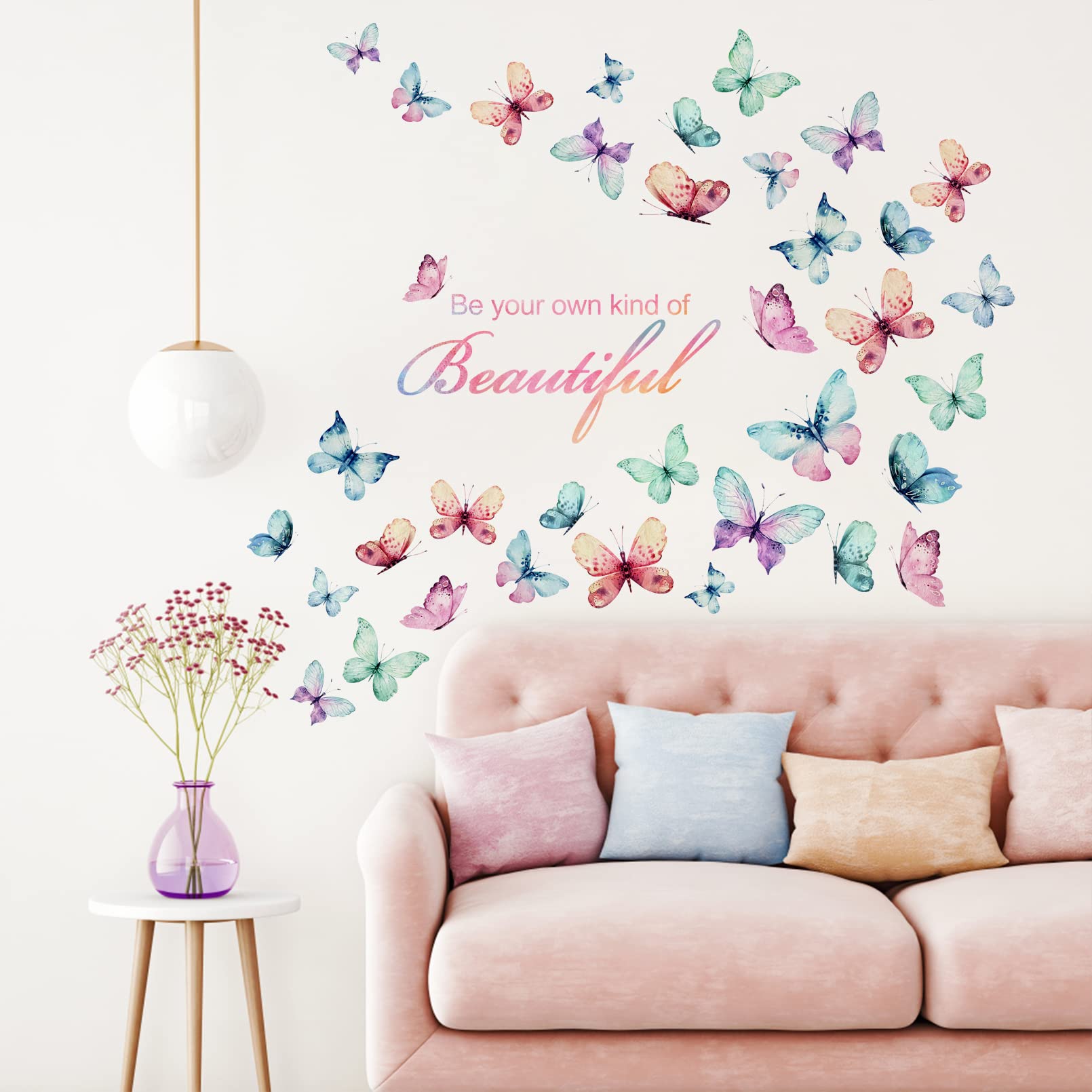 Mfault Girls Butterfly Be Your Own Kind Of Beautiful Inspirational Quote Wall Decal Sticker, Watercolor Positive Saying Decorati