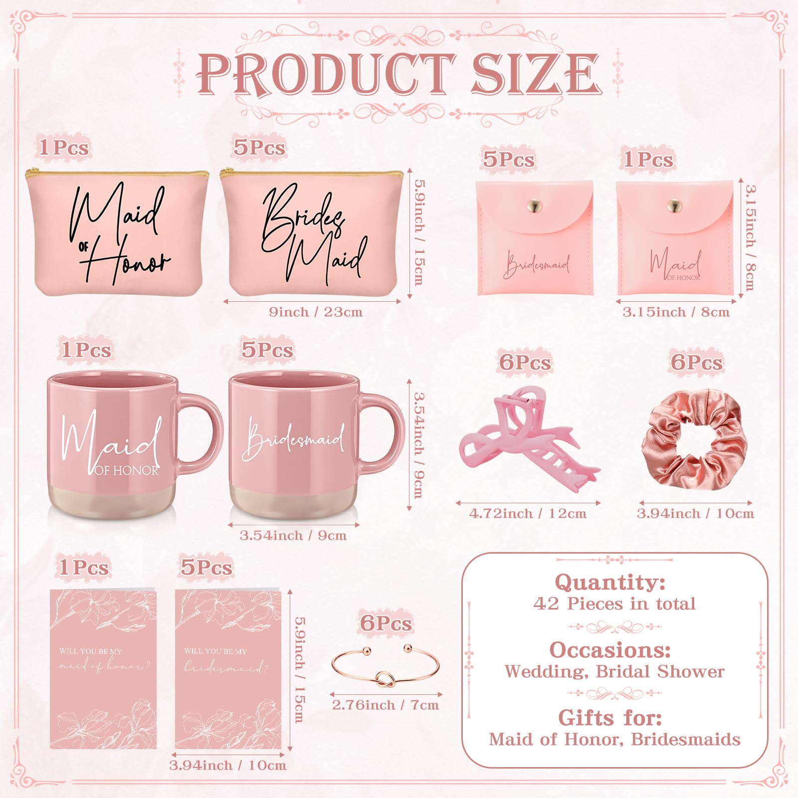 Didaey 42 Pcs 6 Sets Bridesmaid Proposal Gifts Wedding Maid of Honor Gifts Ceramic Coffee Cups Cosmetic Makeup Bags Invited Card