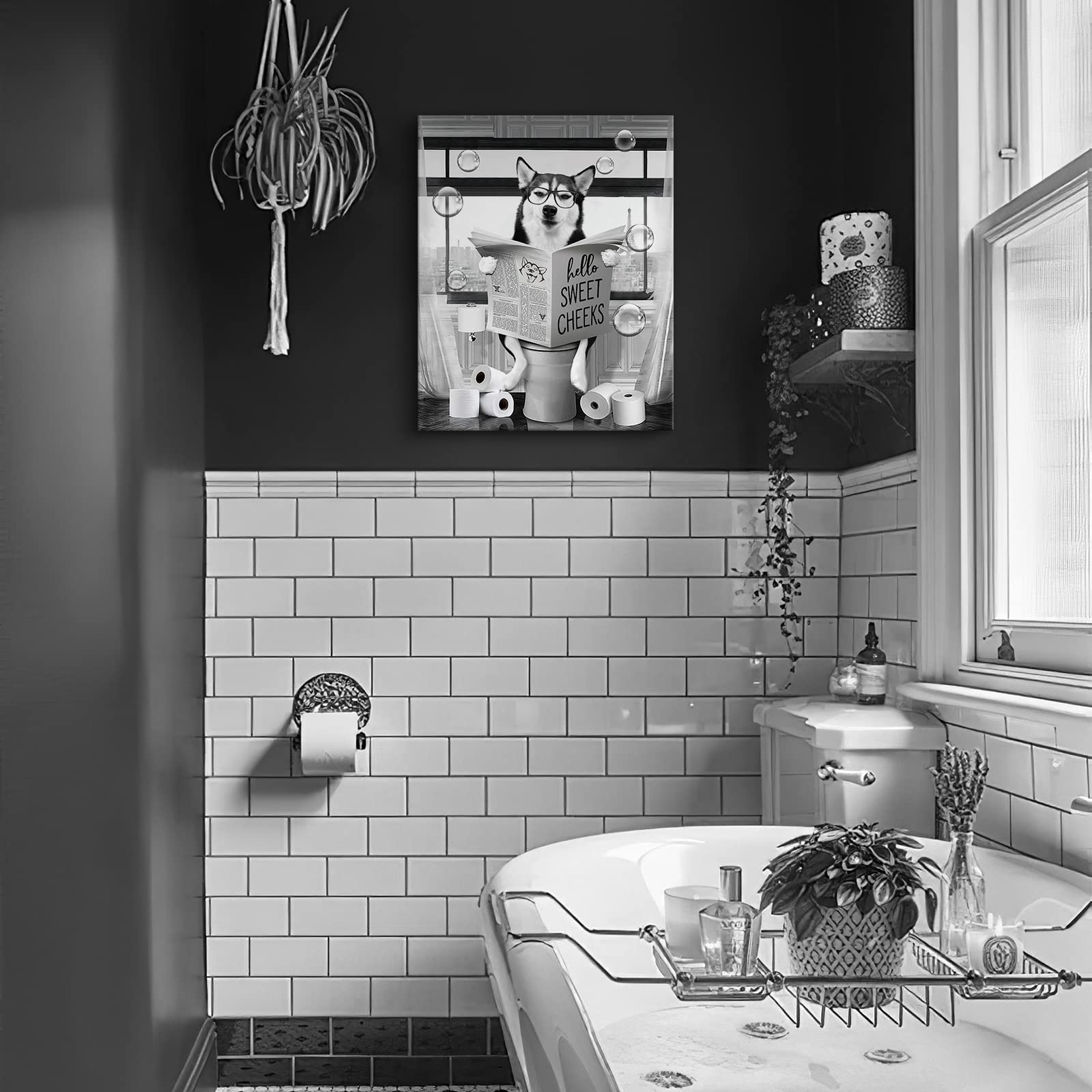 Funny Husky Dog Wall Art Black And White Dog Bathroom Print Farmhouse Bathroom Animals Wall Decor Dog Sitting In Toilet Reading