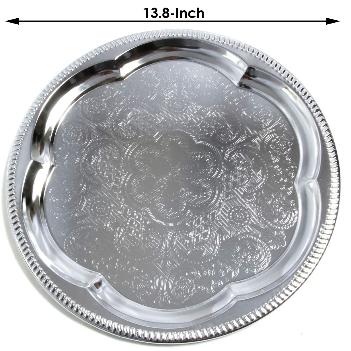 Maro Megastore (Pack Of 4) 13.8-Inch Elegant Round Floral Pattern Engraved Catering Chrome Plated Serving Plate Mirror Tray Plat