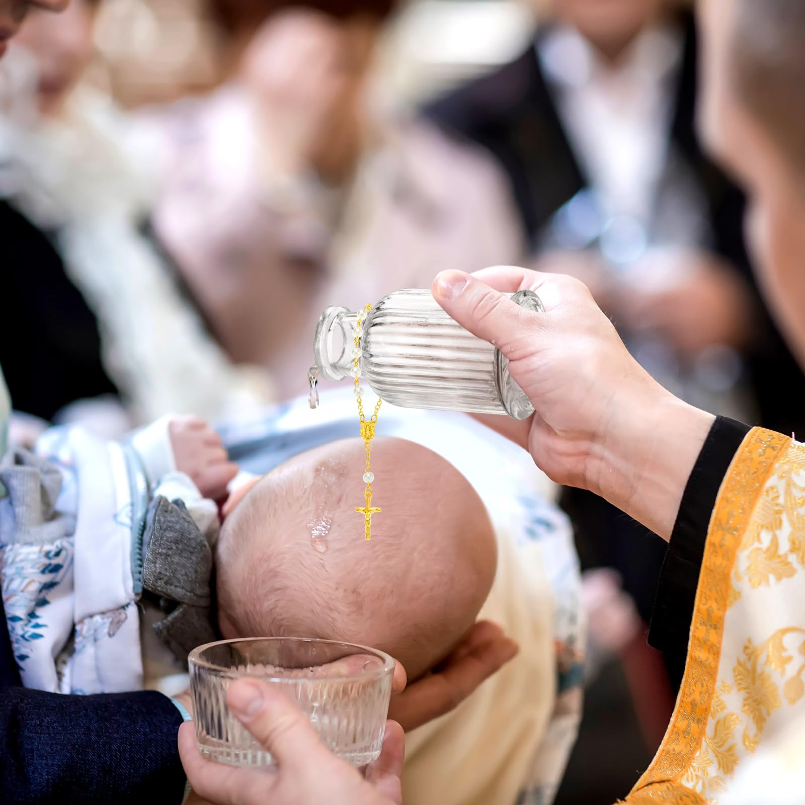 Chuangdi 12 Sets Holy Water Bottle Baptism Favors for Guest Catholic Holy Bottle with Cross Rosary Bow 50ml Empty Glass Water Co