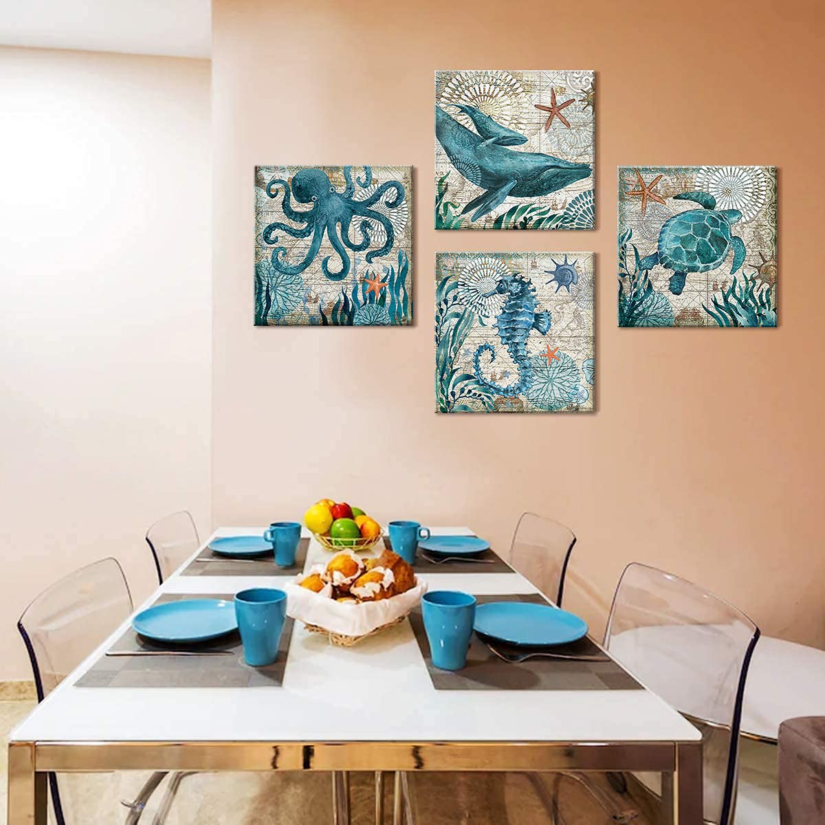Nautical Wall Decor Beach Themed Seahorse Wall Art Coastal Bathroom Decor Teal Sea Turtle Pictures Canvas Paintings For Living R