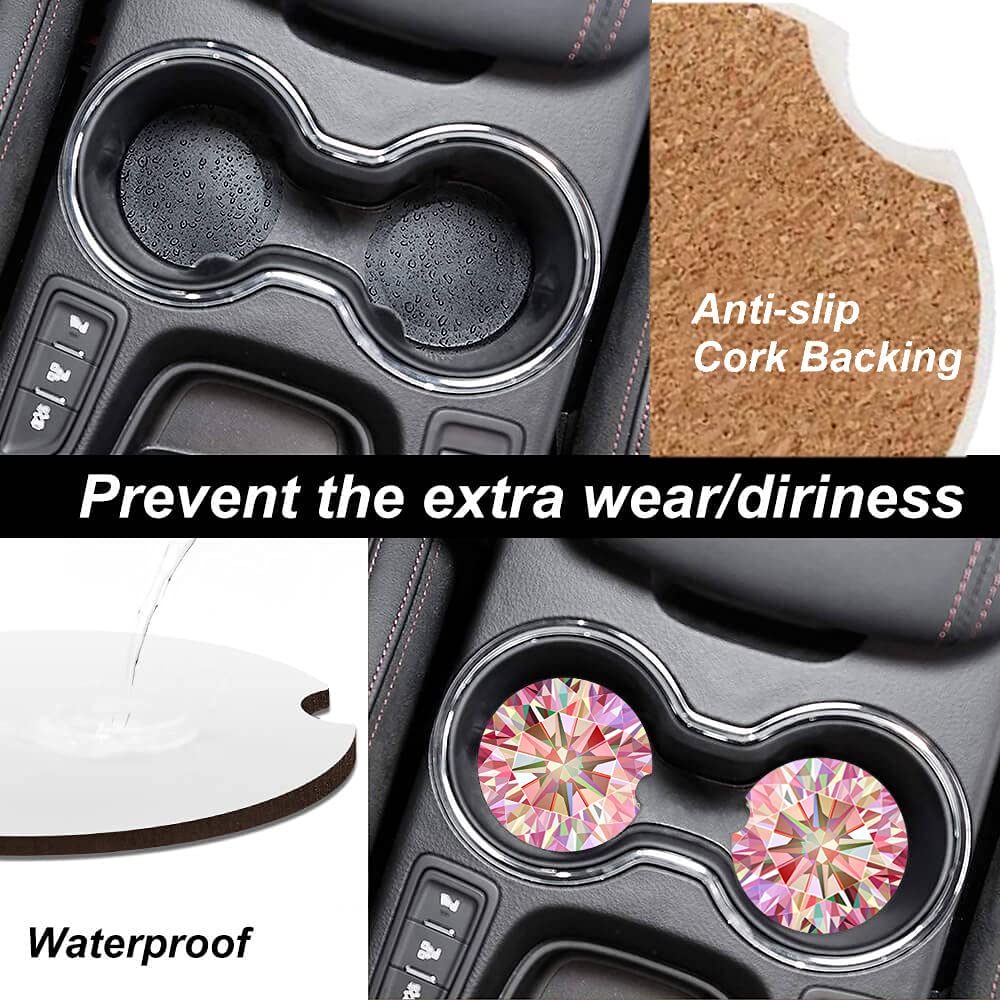 Pink Diamond Absorbent Cup Holders Car Coasters Ceramic Stone Drinks Coaster Set for Women Man 2.56''(2 Pack)