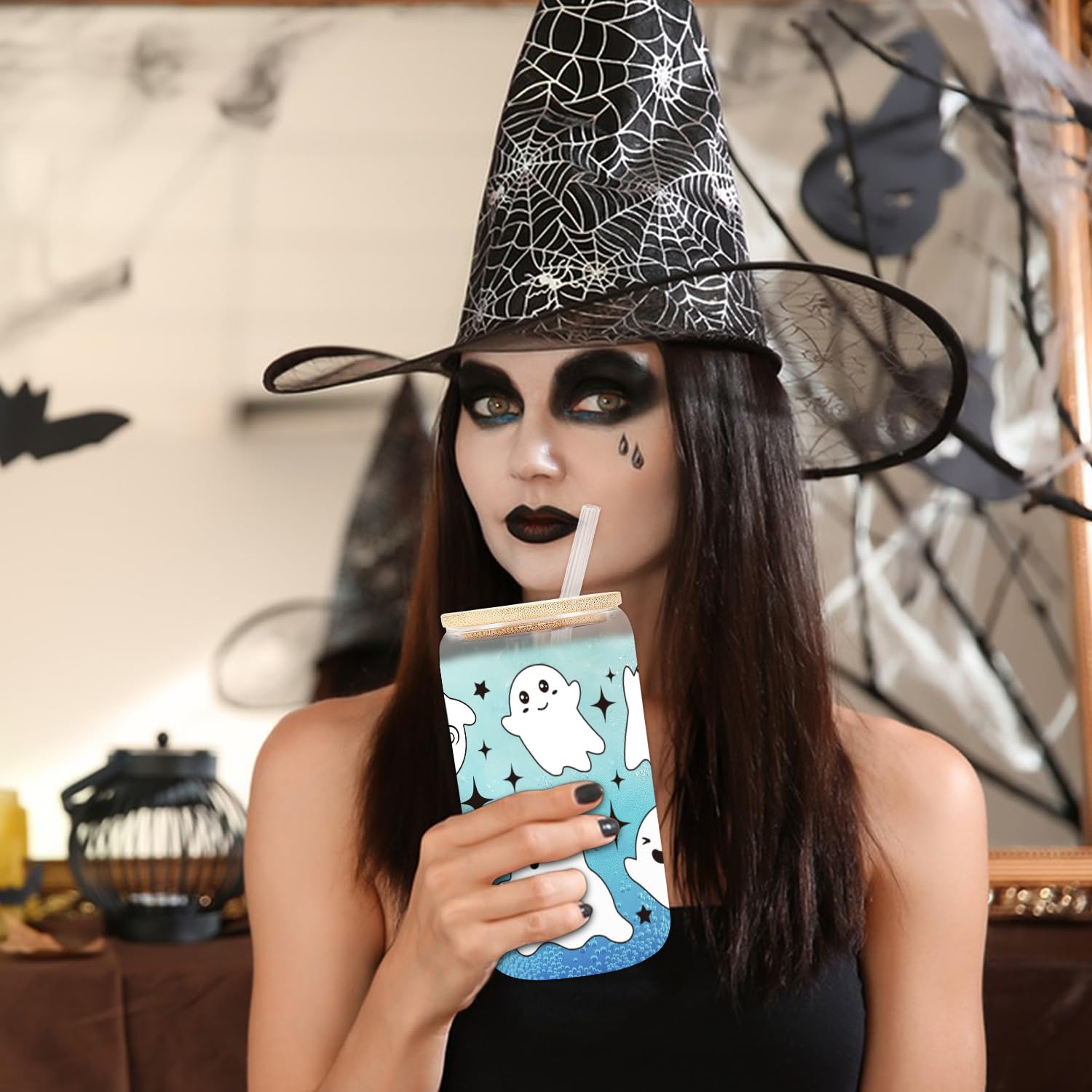 UAREHIBY Halloween Ghost Glass Cup, Cute Boo Basket Stuffers, Spooky Cups for Iced Coffee, 18oz Tumbler Glass Cups with Lids and