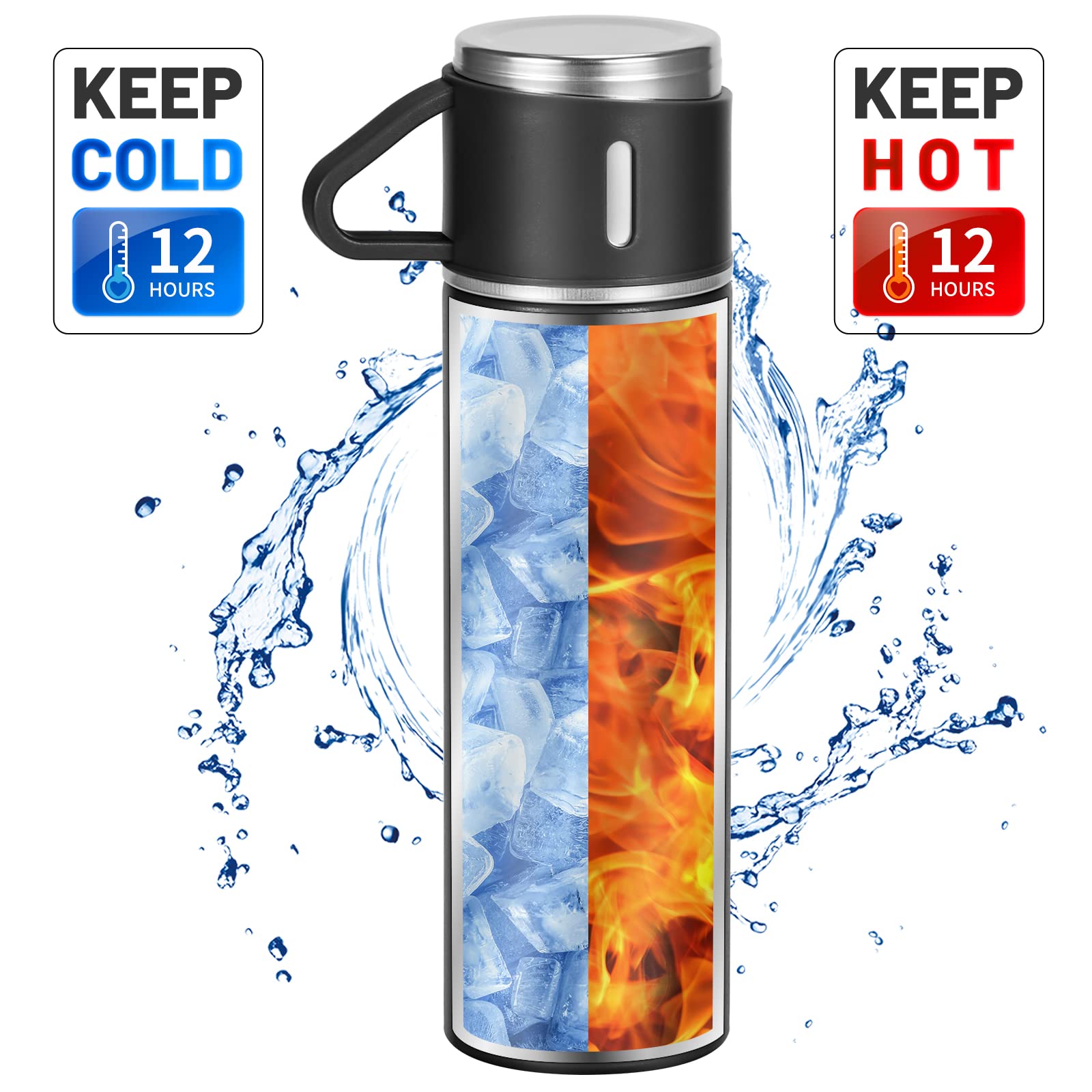 Mucr 500Ml/17 Oz Stainless Steel Thermo Bottle With 3 Cups, Insulated Coffee Water Bottle For Hot And Cold Drinks, Vacuum Flask