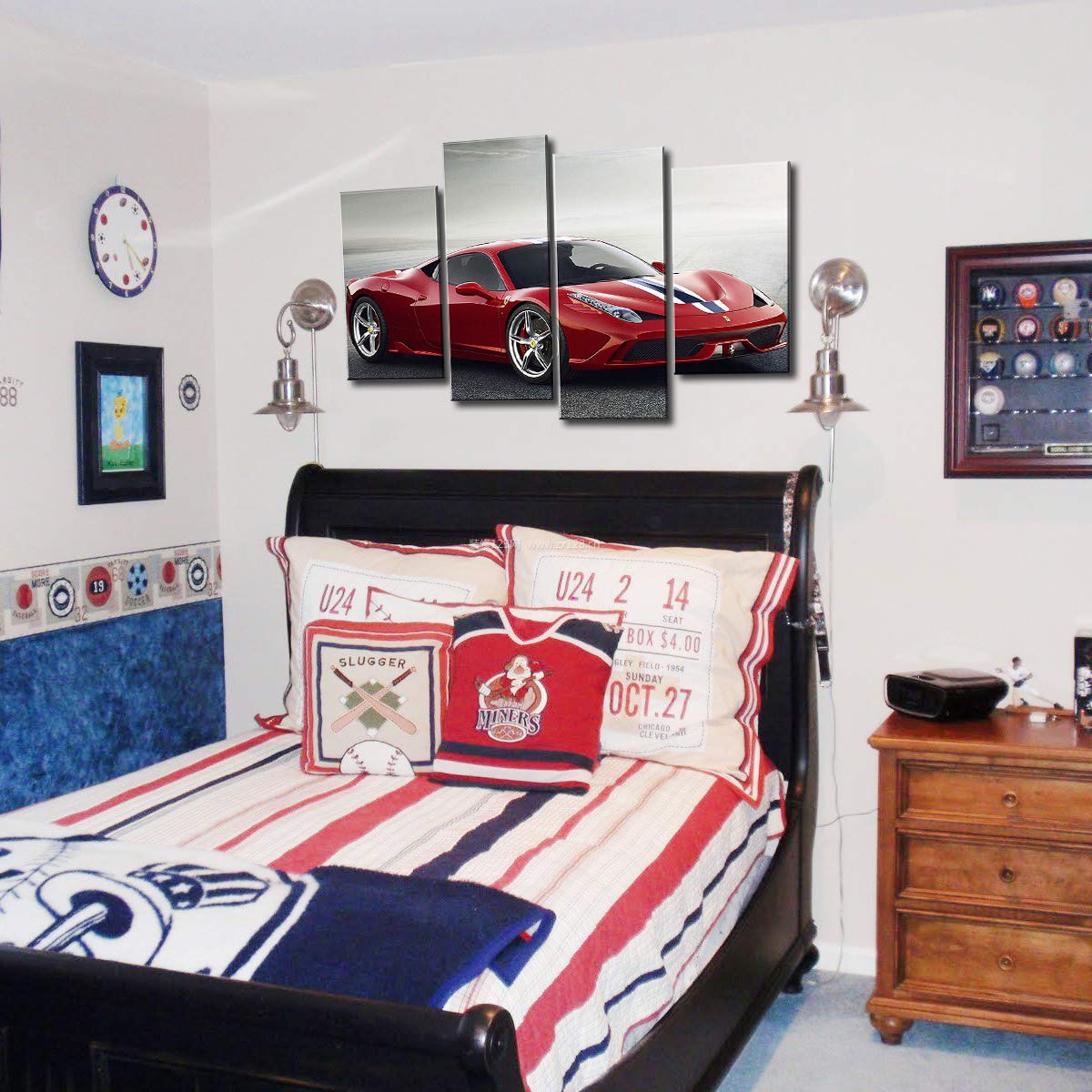 Meigan Art- 4 Pieces Red Sports Car Wall Art Picture Home Decoration Living Room Canvas Print Painting Wall Picture