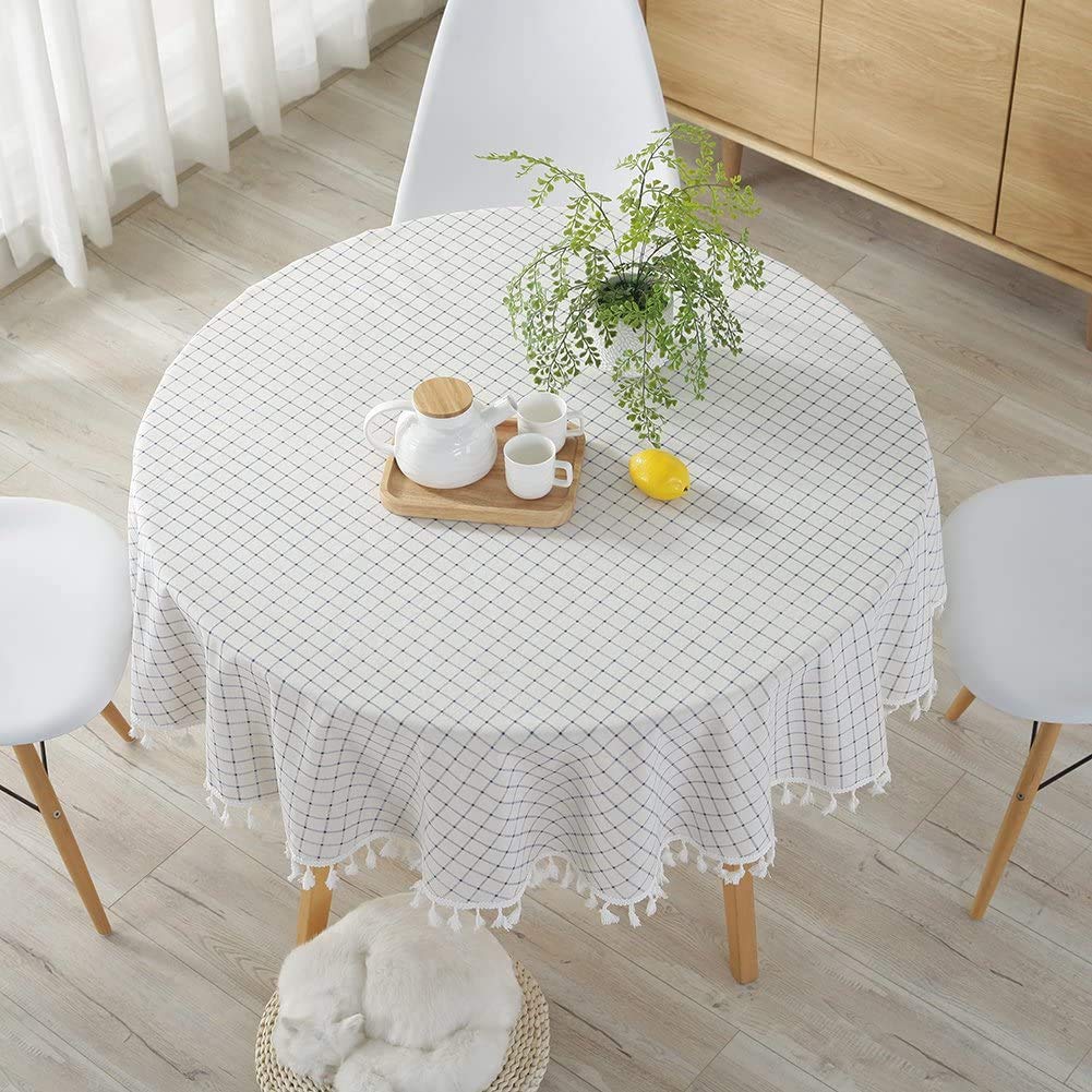 meioro Round Tablecloth White Cotton Tablecloth for Rectangle Tables  39 Inch Checkered Tassel Tablecloths Dust-Proof Rectangular Table Cover for Kitchen Dinning Tabletop Home  Outdoor Use