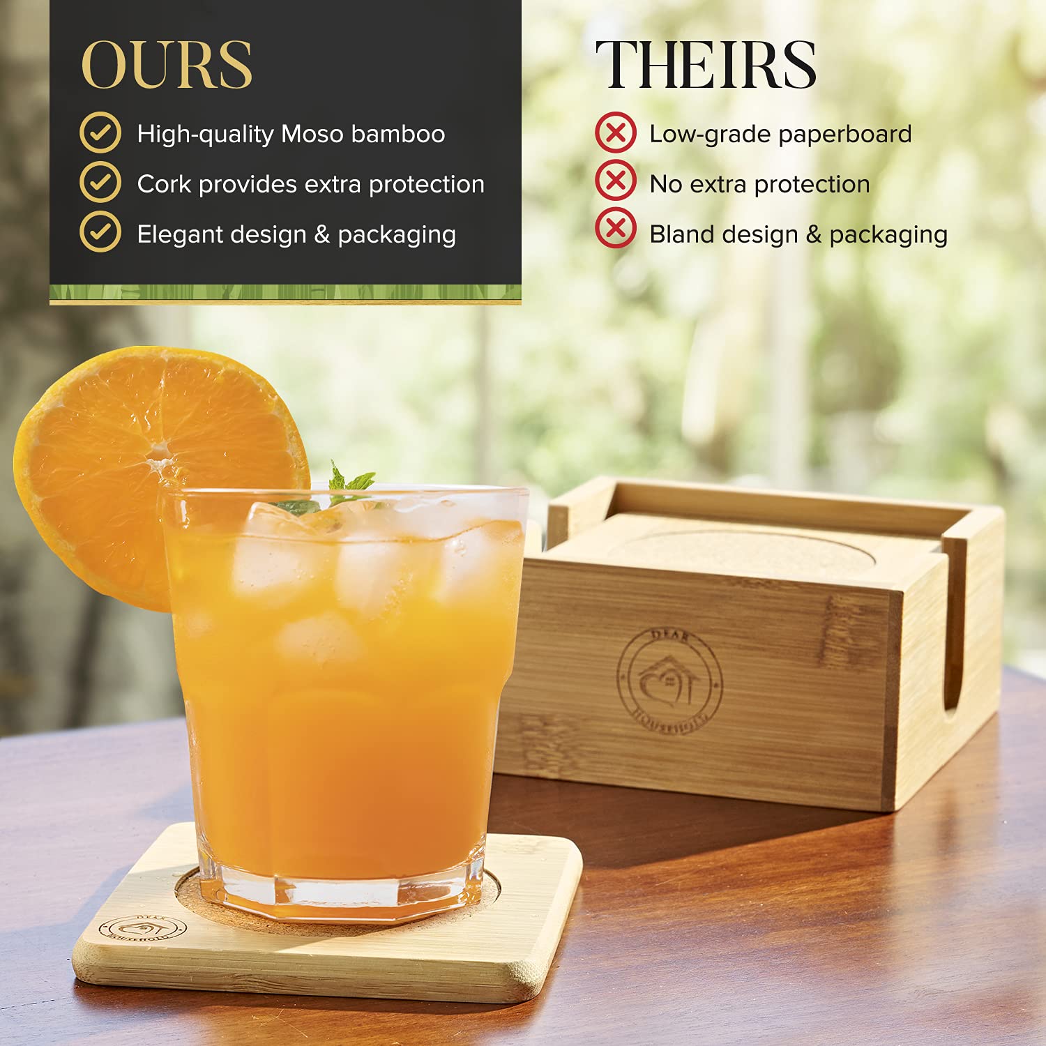 Set Of 6 Bamboo Coasters With Matching Coaster Holder - Sleek, Smooth Moso Bamboo & Cork Coaster Set Protects Surfaces From Stai
