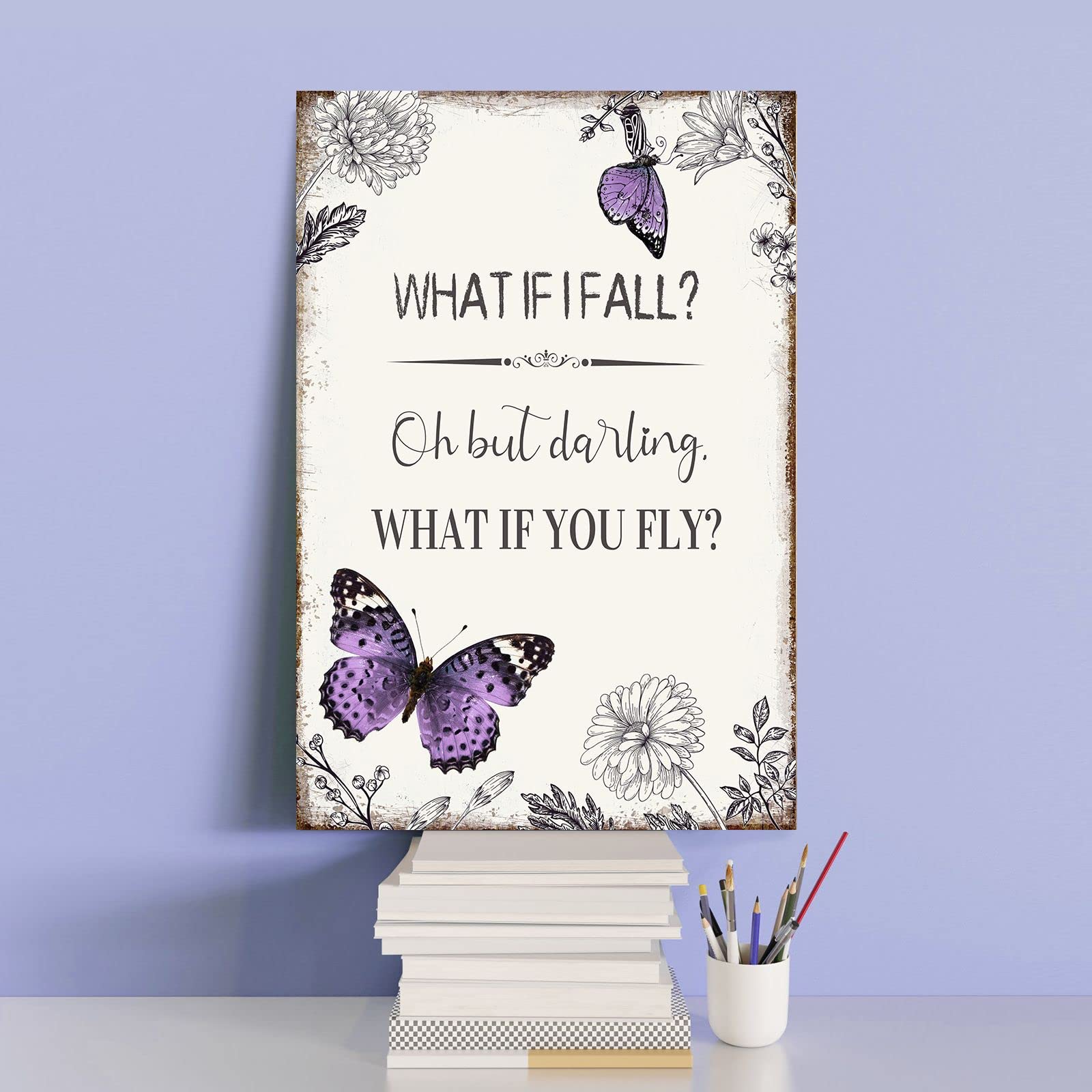 Ypy Inspirational Quote Canvas Wall Art : Purple Butterfly Picture Motivational Framed Poster, What If I Fall Positive Sign For