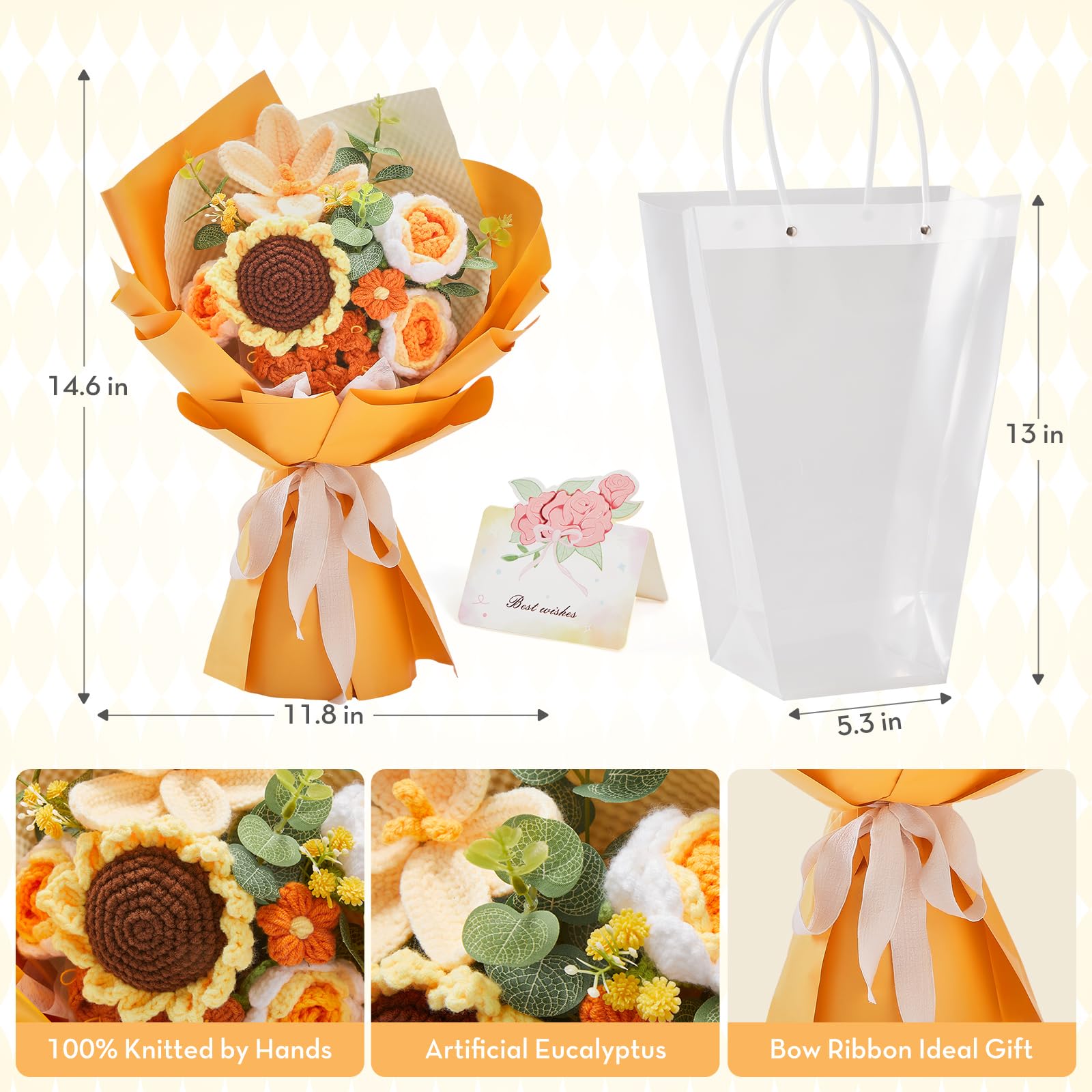 Alecono Crochet Flower Bouquet, Orange Knitted Flowers, Crochet Sunflower Flower for Lover Anniversary Birthday Party Mother s D