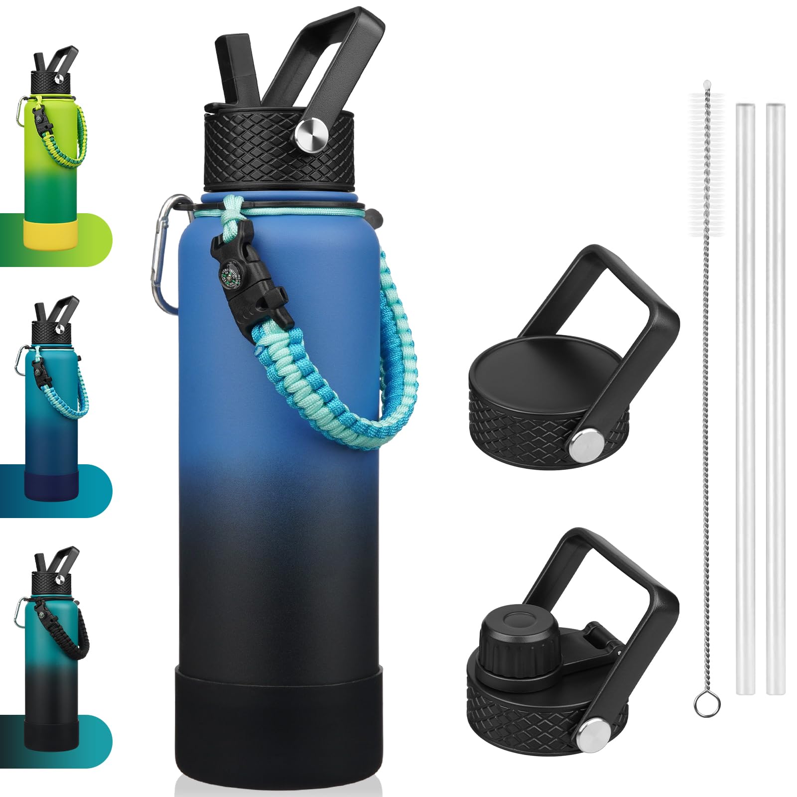 BJPKPK Insulated Water Bottle with Straw Lid, 40oz Large Thermal Flasks with 3 Lids, Paracord Handle & Non-slip Boot, BPA Free L