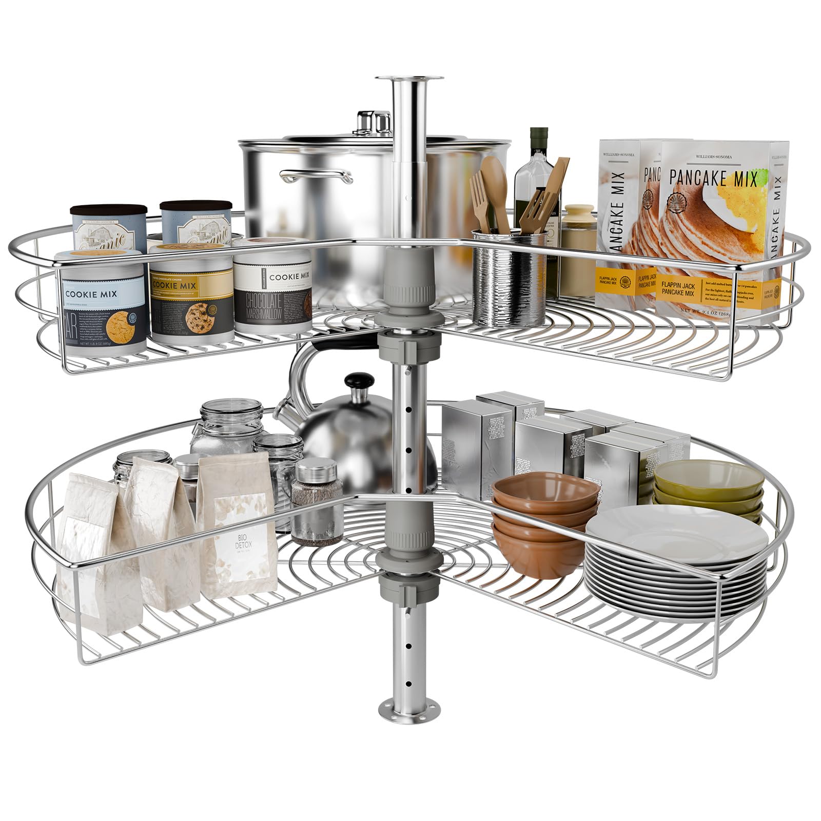 24 Corner Cabinet Turntable, 270 Rotating Basket Adjustable Height Kitchen Shelf Turntable, 2 Tier Rotating Basket 304 Stainless