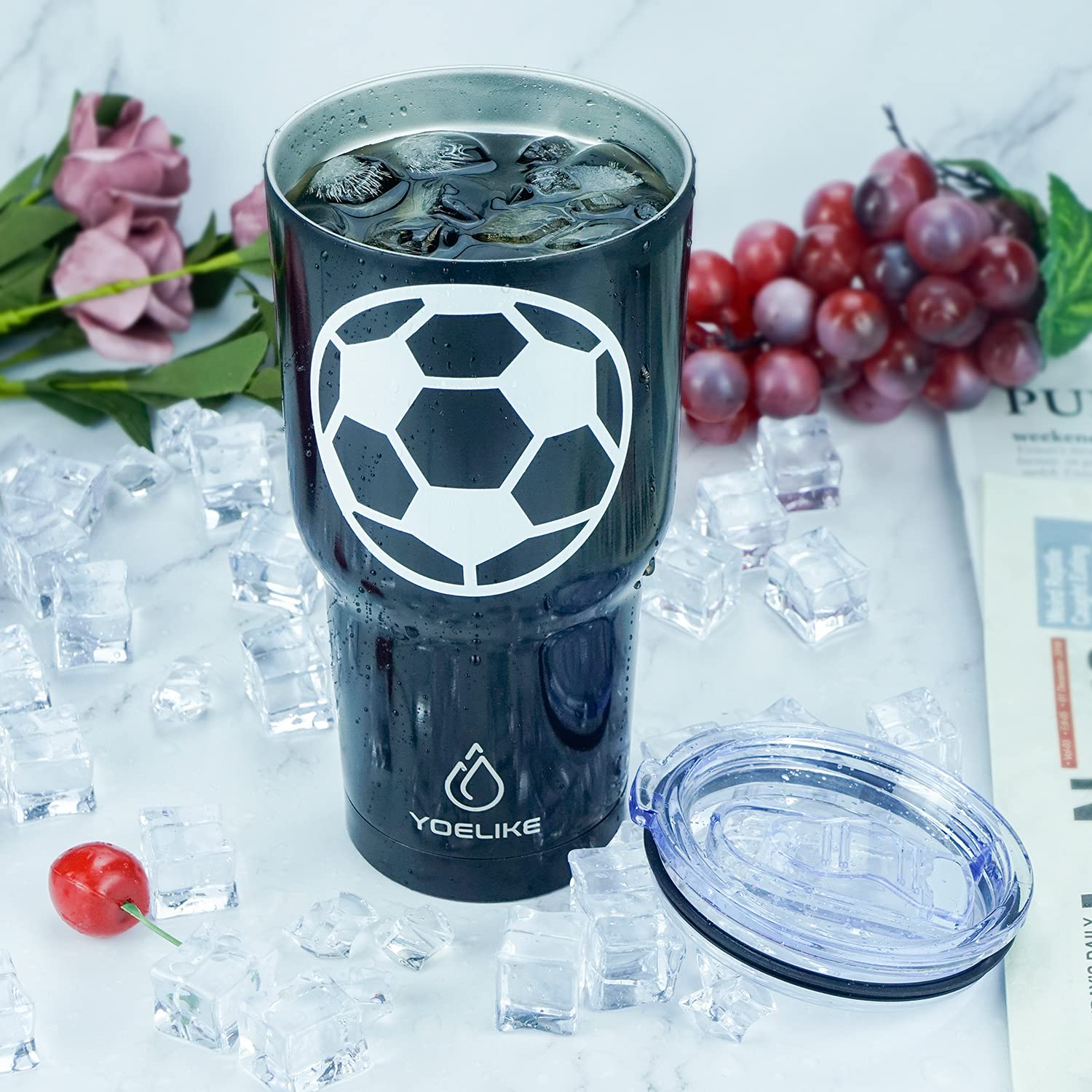 Yoelike Soccer 30 Oz Tumbler With Lid And Straw, Stainless Steel, Vacuum Insulated Iced Coffee Tumbler Cup, Leak-Proof Travel Mu
