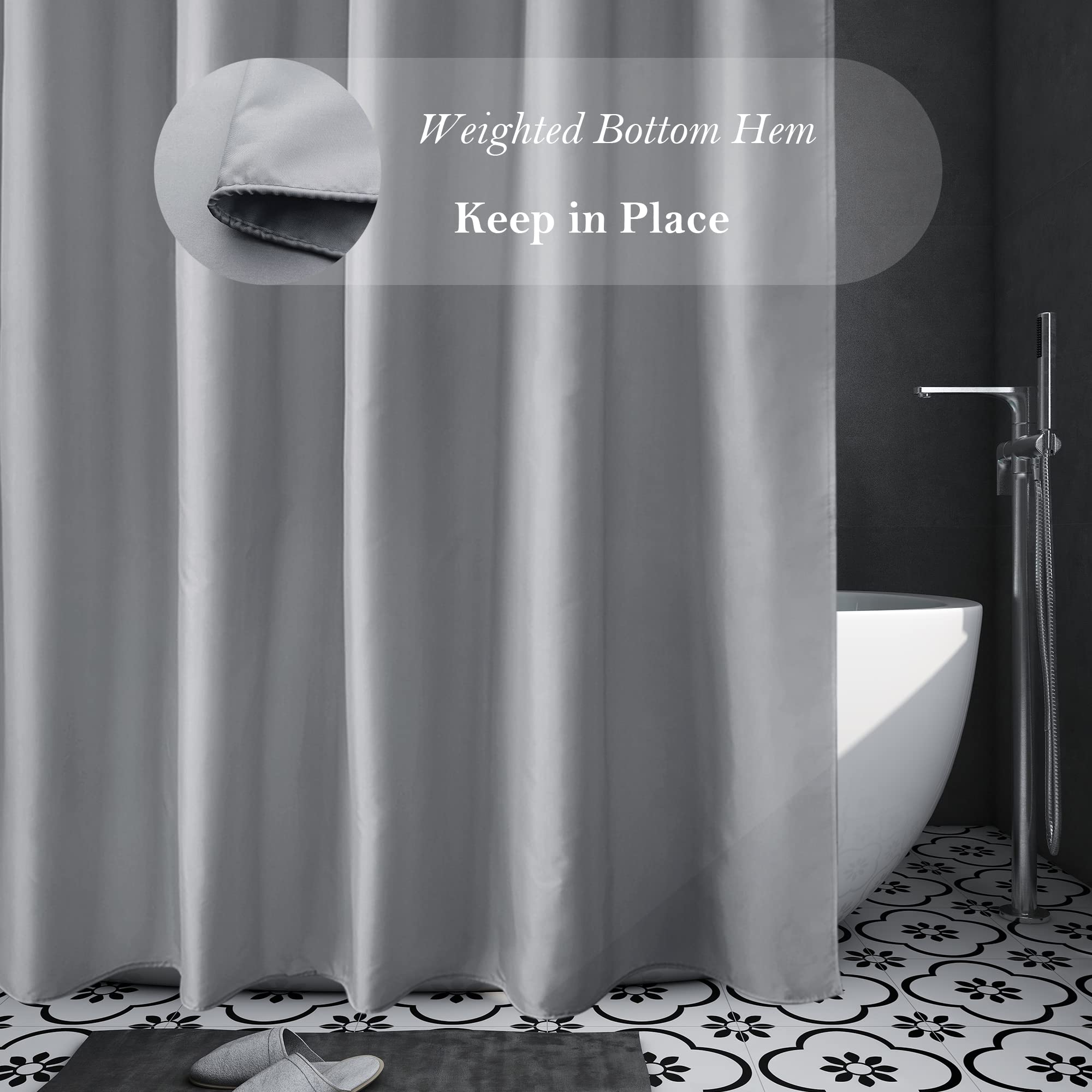 Aoohome 96 Inch Extra Long Shower Curtain Liner, Polyester Bathroom Curtain For Hotel With Hooks, Waterproof, Weighted Hem, Ligh