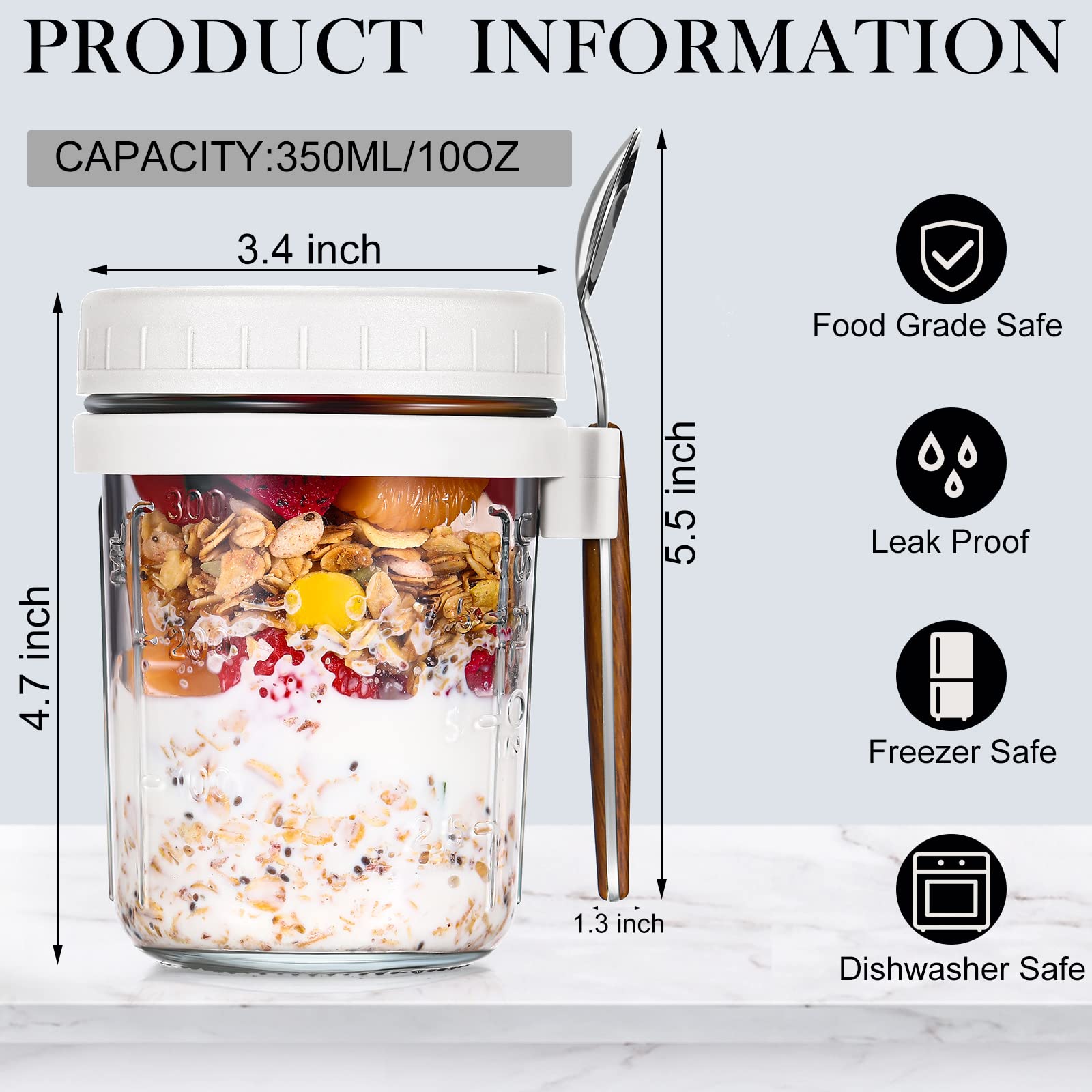 8 Pcs 10 Oz Overnight Oats Containers With Lids And Spoons Large Capacity Airtight Oatmeal Overnight Oat Jars With Measurement M