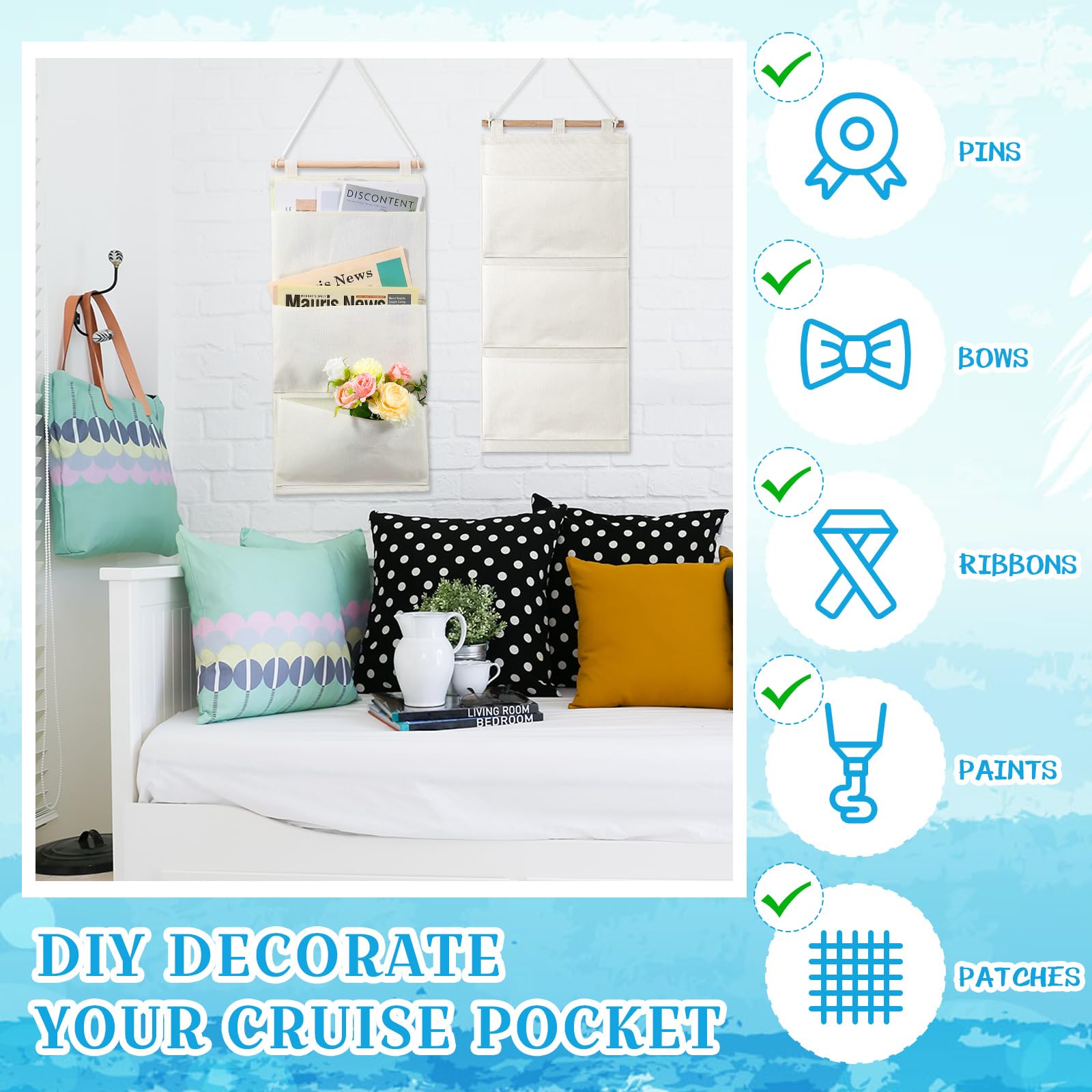 Riakrum 2 Pcs Fish Extenders Hanging Organizer With Pockets Wall Hanging Storage Bag Linen Cotton Fabric 3 Pockets Hanging Bag F