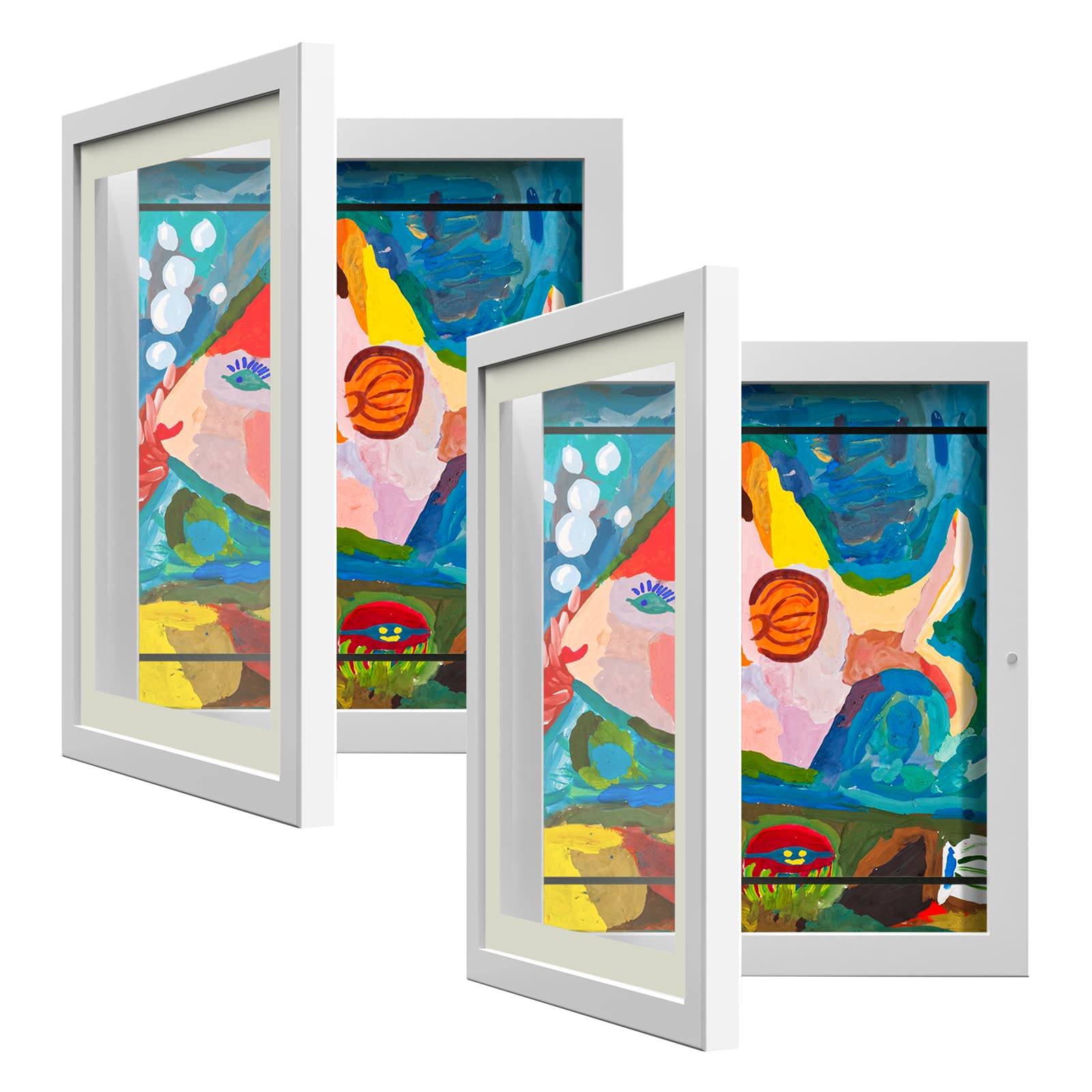 2 Pack Kids Art Frames, Kids Artwork Frames Changeable 8 x10.5 with Mat and 9 x12 Without Mat, White Front Opening Children Pict