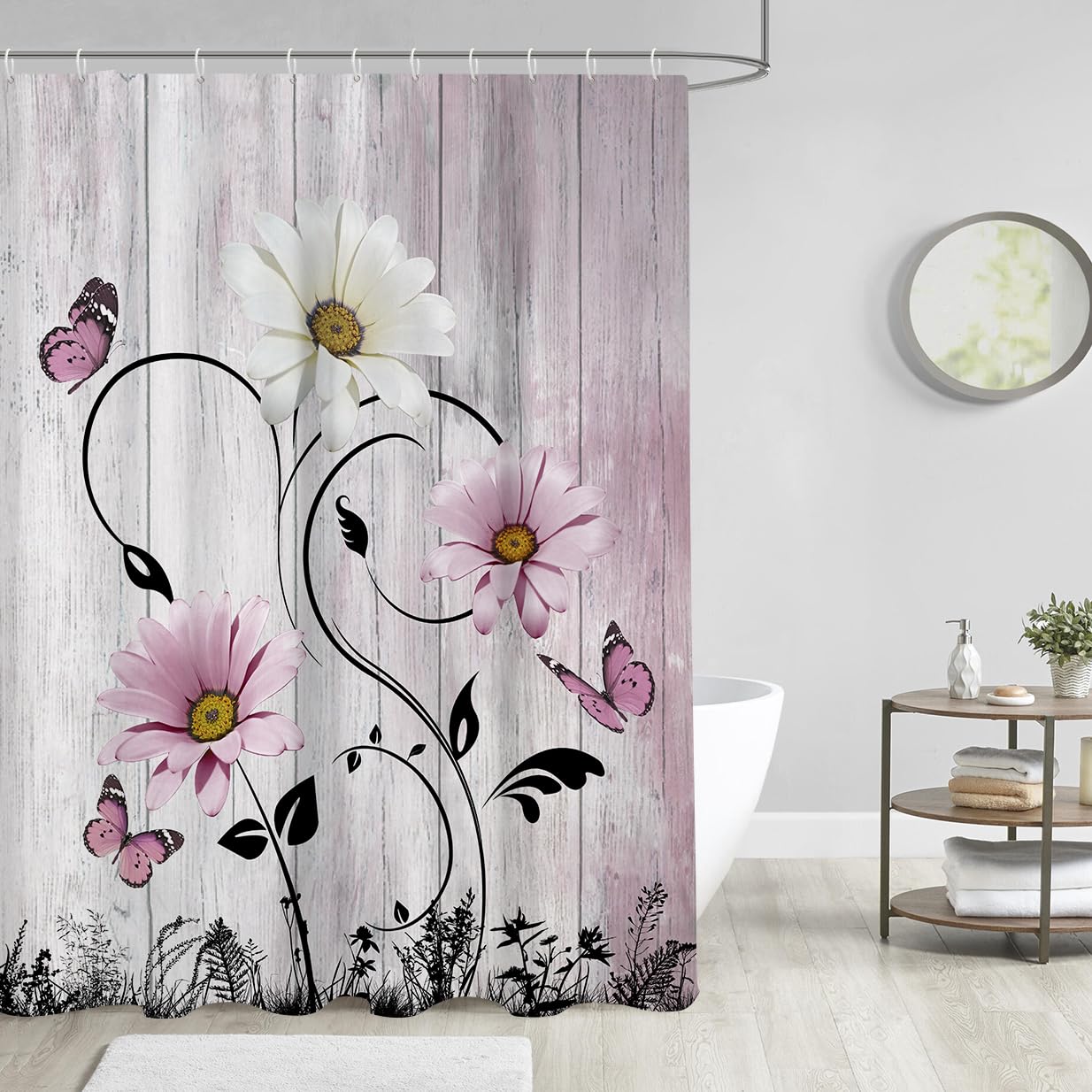 Aatter Pink Floral Shower Curtain Rustic Country Flowers Vintage White Daisy Butterfly Boho Abstract Black Leaves Girly Cute Pla