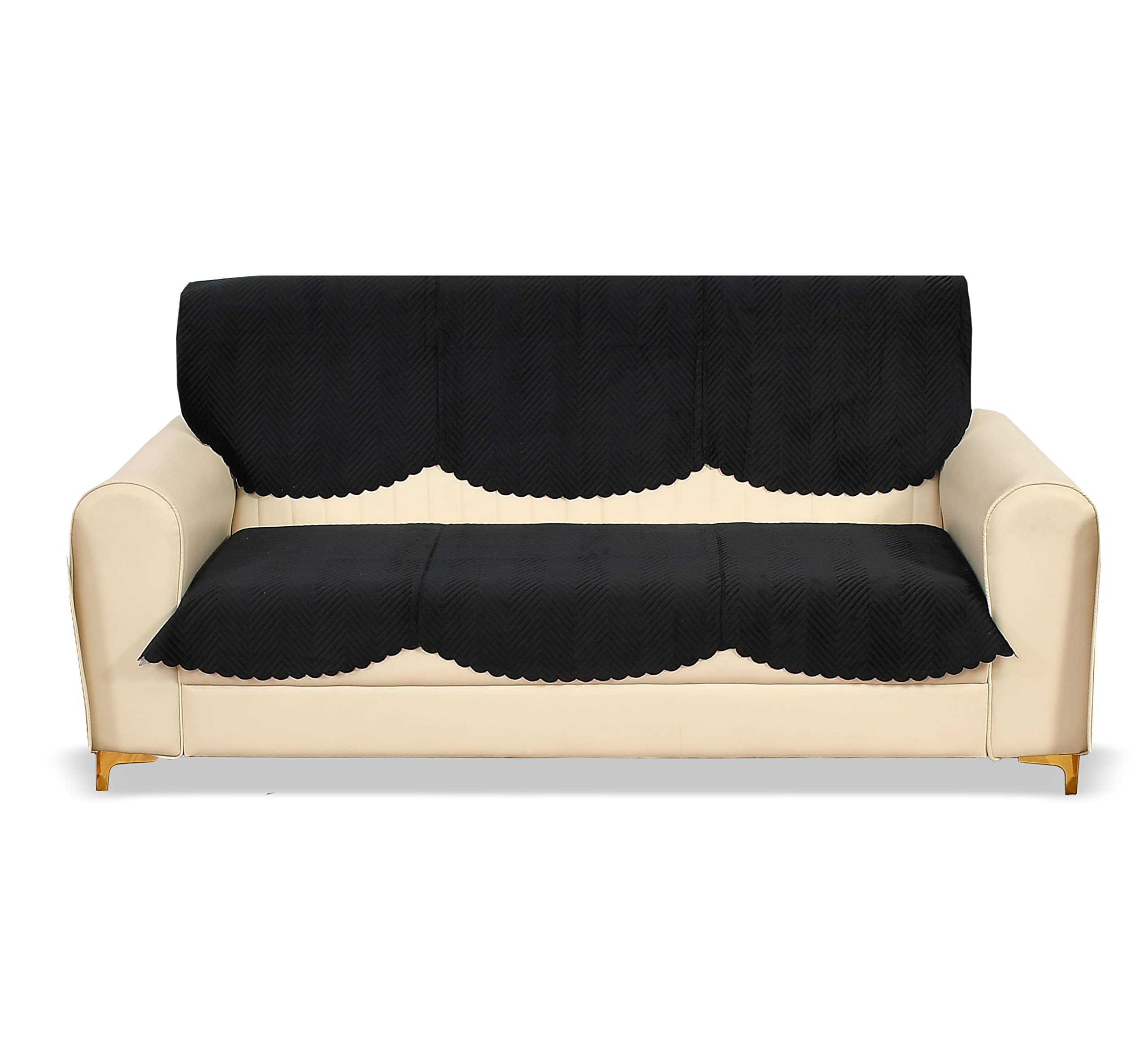 Yellow Weaves Velvet 3 Seater Quilted Sofa Cover And Chair Cover, Seat&Back Cover, Color - Black