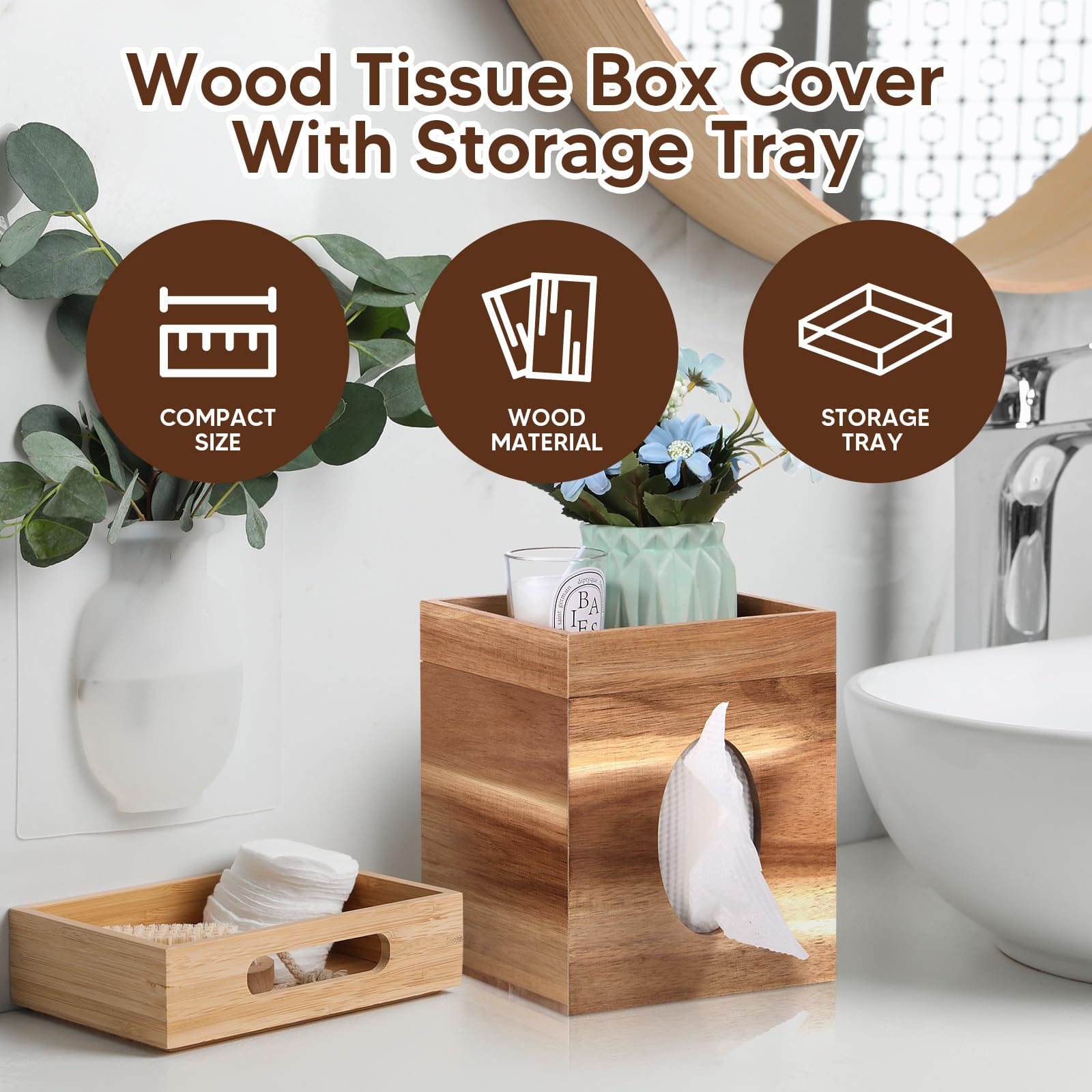 Tissue Box Cover, Wood Tissue Box Cover With Storage Tray Square Tissue Box Covers Holder For Bathroom, Bedroom, Dinner Table, O