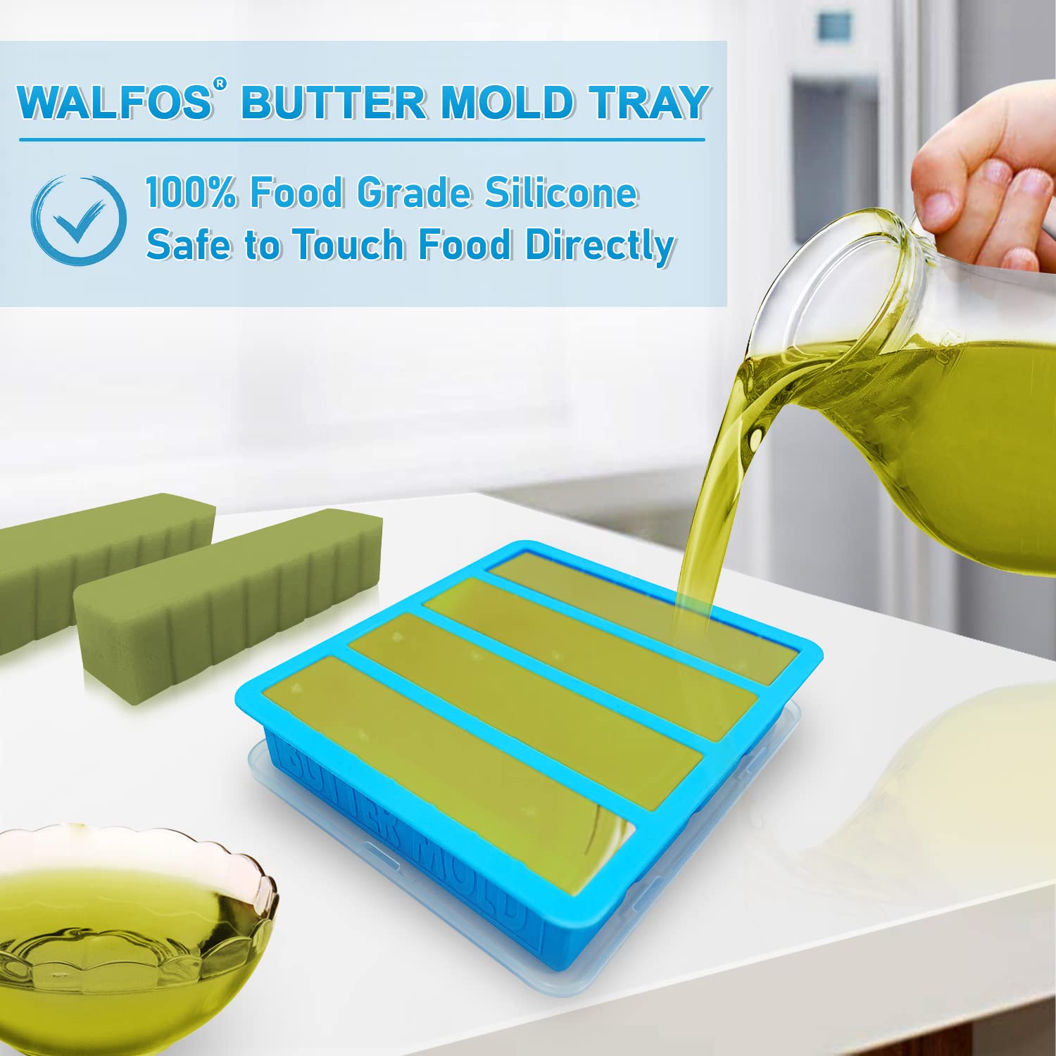 Silicone Butter Mold With Lid, Walfos Non-Stick Butter Tray Fits Standard Butter Stick Size, Large Cavity Butter Maker Holds 8 T